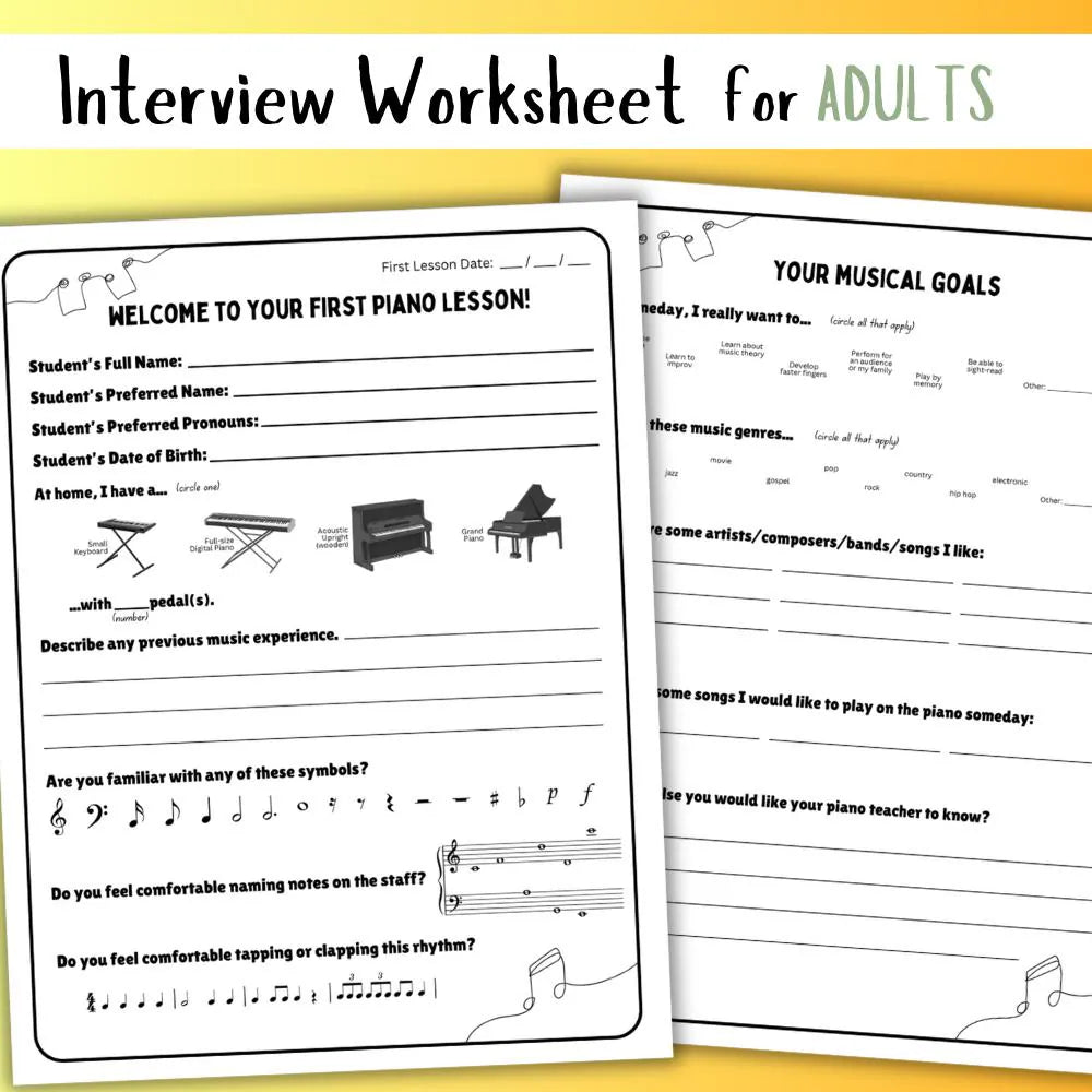 First Piano Lesson Interview Worksheet | New Piano Student Survey | 3 Versions for All Ages