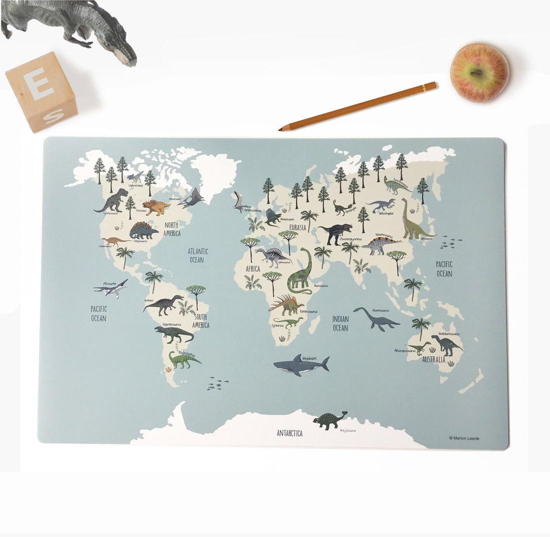 Children's desk pad dinosaur world map; washable