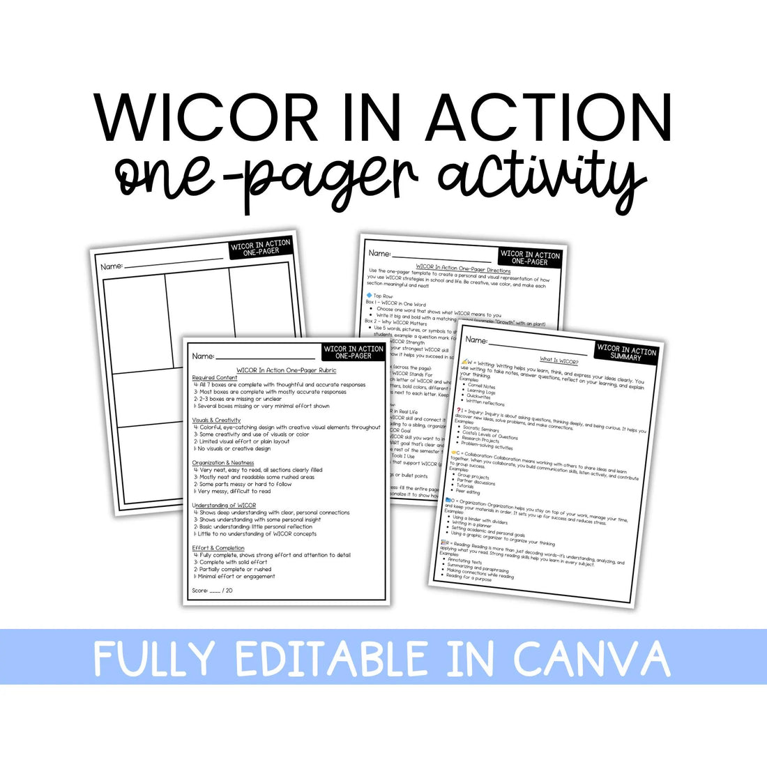 WICOR One Pager for AVID | Writing Inquiry Collaboration Activity | Editable AVID Classroom Resource
