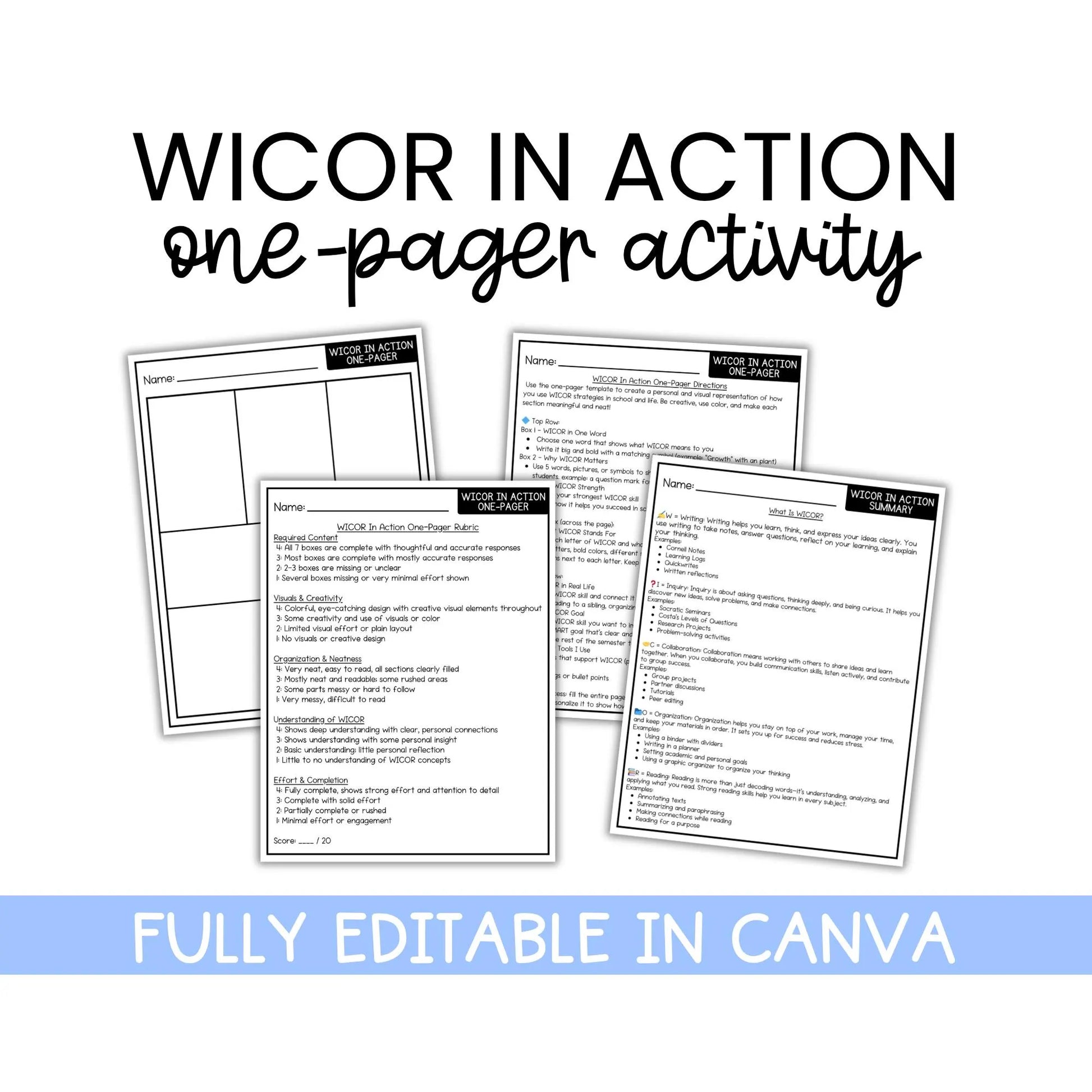 WICOR One Pager for AVID | Writing Inquiry Collaboration Activity | Editable AVID Classroom Resource
