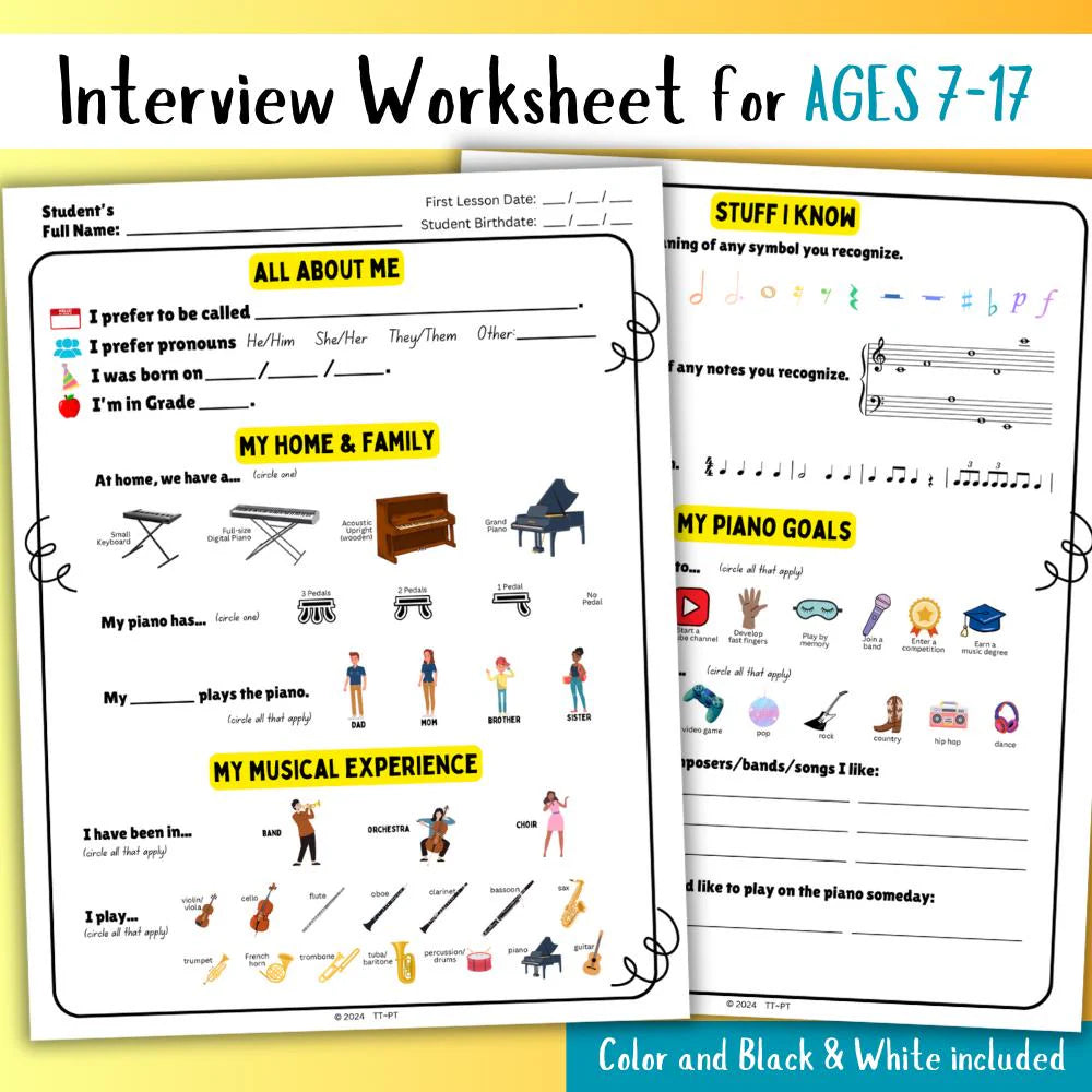 First Piano Lesson Interview Worksheet | New Piano Student Survey | 3 Versions for All Ages