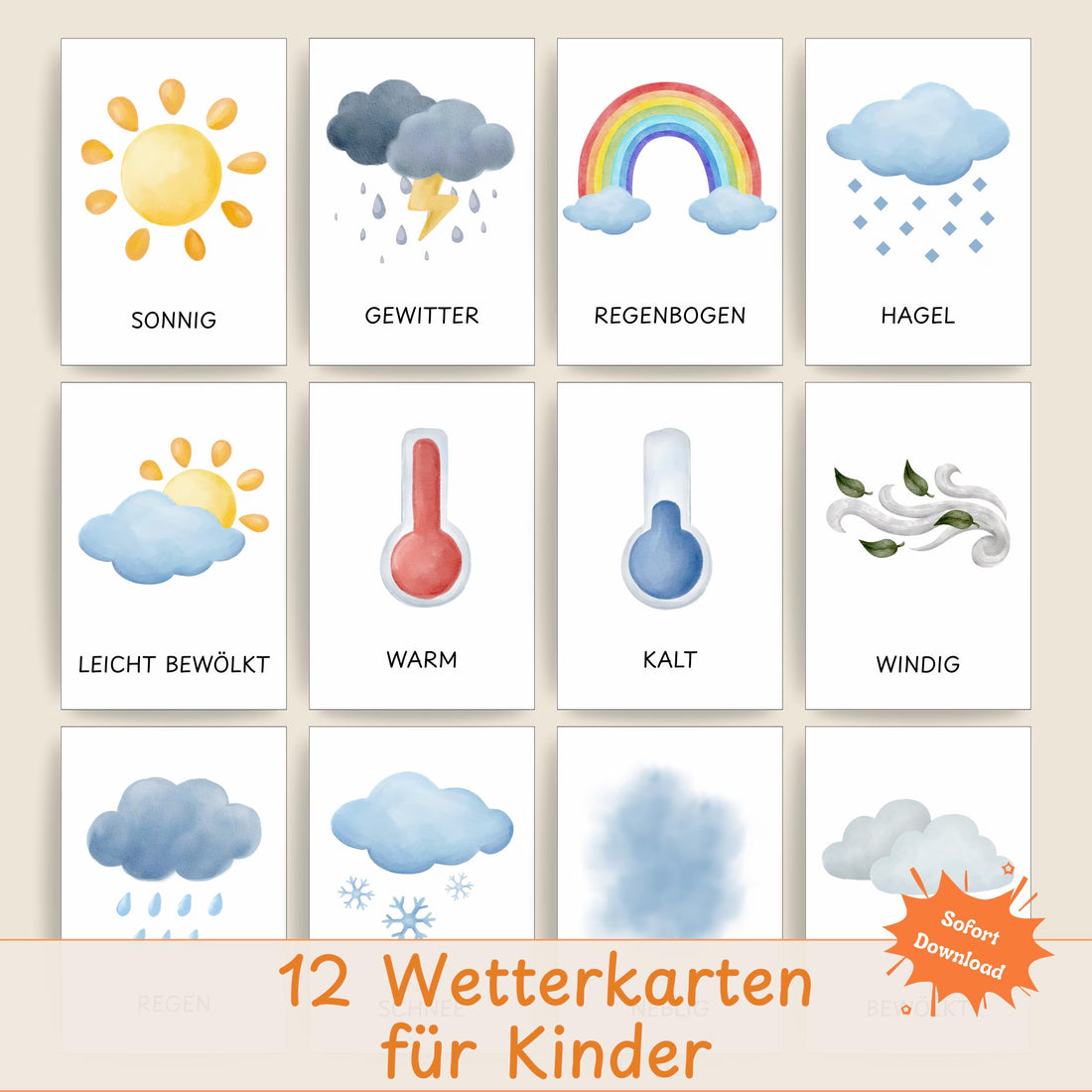 Wetterkarten Kita Lernkarten Vorschule Kindergarten | Wetter lernen Kinder | Digitale Datei zum Ausdrucken | Montessori Materialien