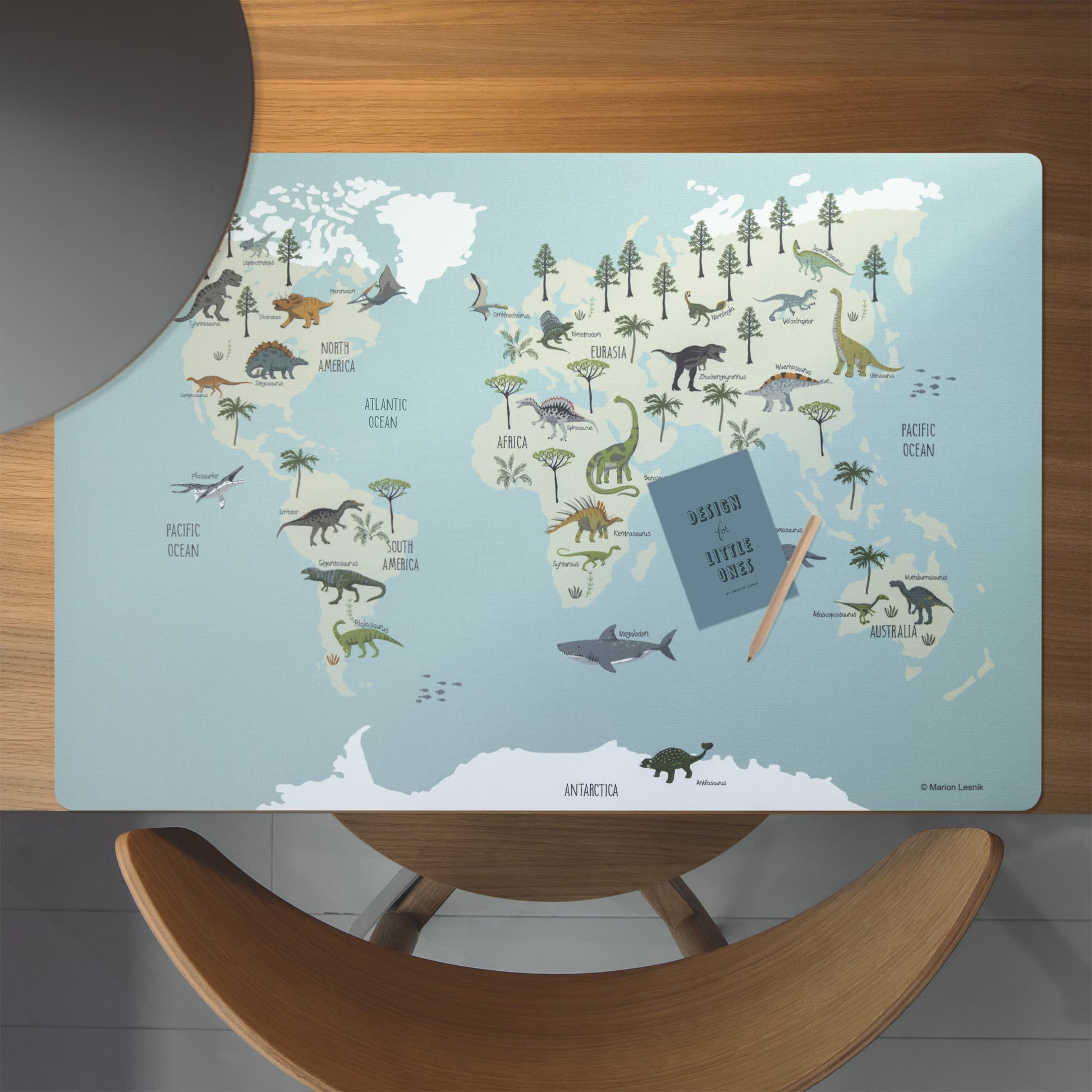 Children's desk pad dinosaur world map; washable