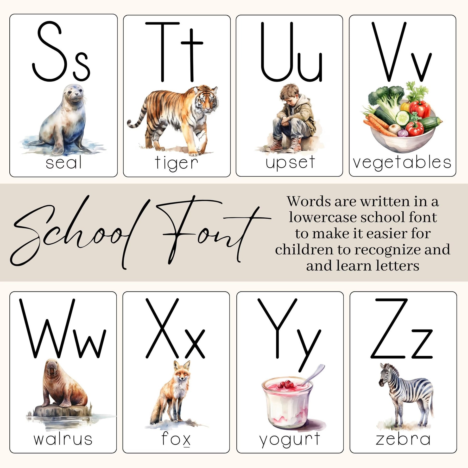 Alphabet With Pictures Flash Cards, Printable Phonetic Alphabet Montessori Cards, Preschool Alphabet Curriculum, ABC Cards Alphabet Wall Art