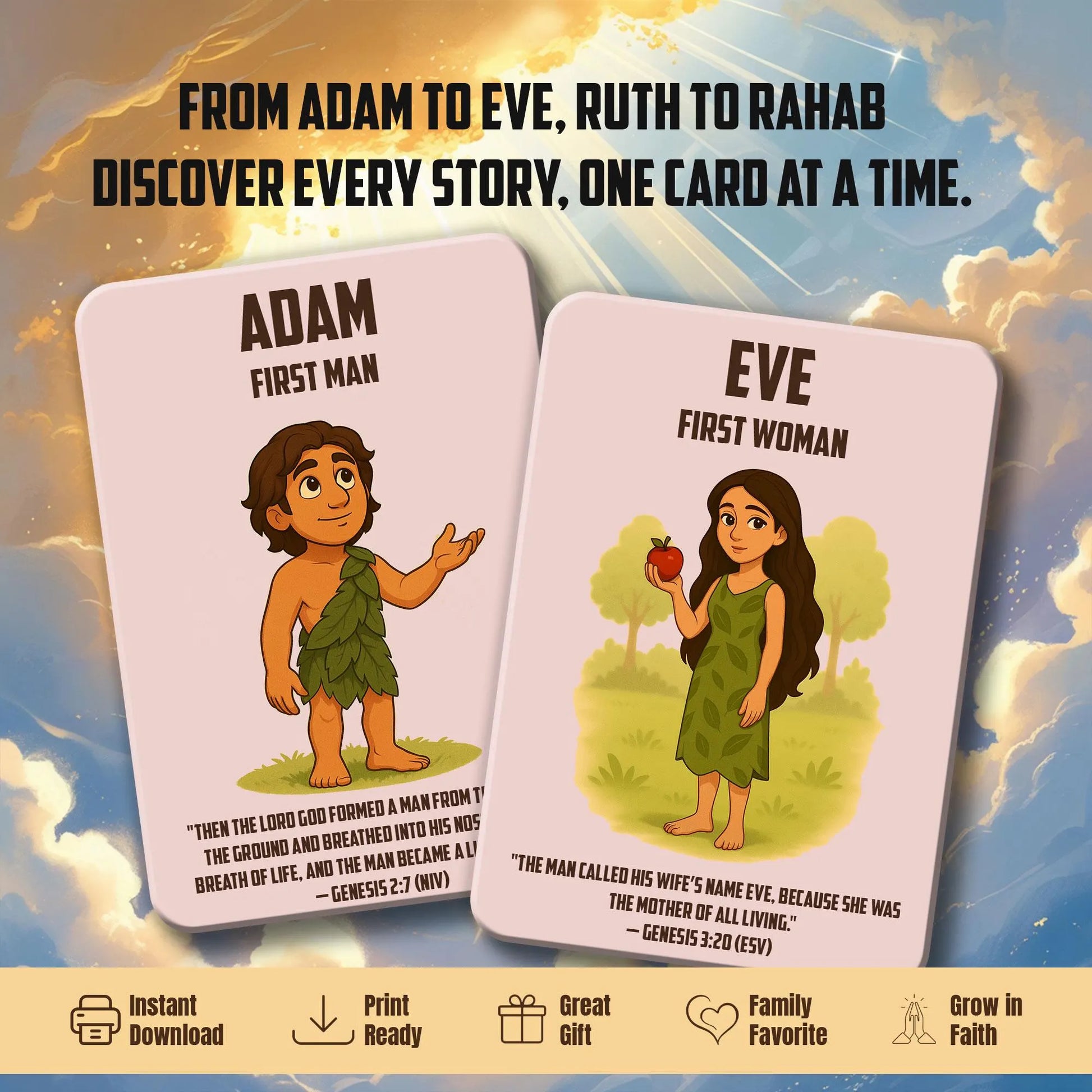 Bible Character Cards for Kids – Printable Christian Flashcards with Verses | Faith Learning Tool for Families & Sunday School