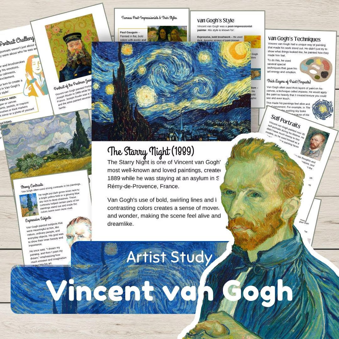 Famous Artist Study: Vincent van Gogh- Post-Impressionism Art History Unit with Worksheets, Coloring Pages & Projects for Kids