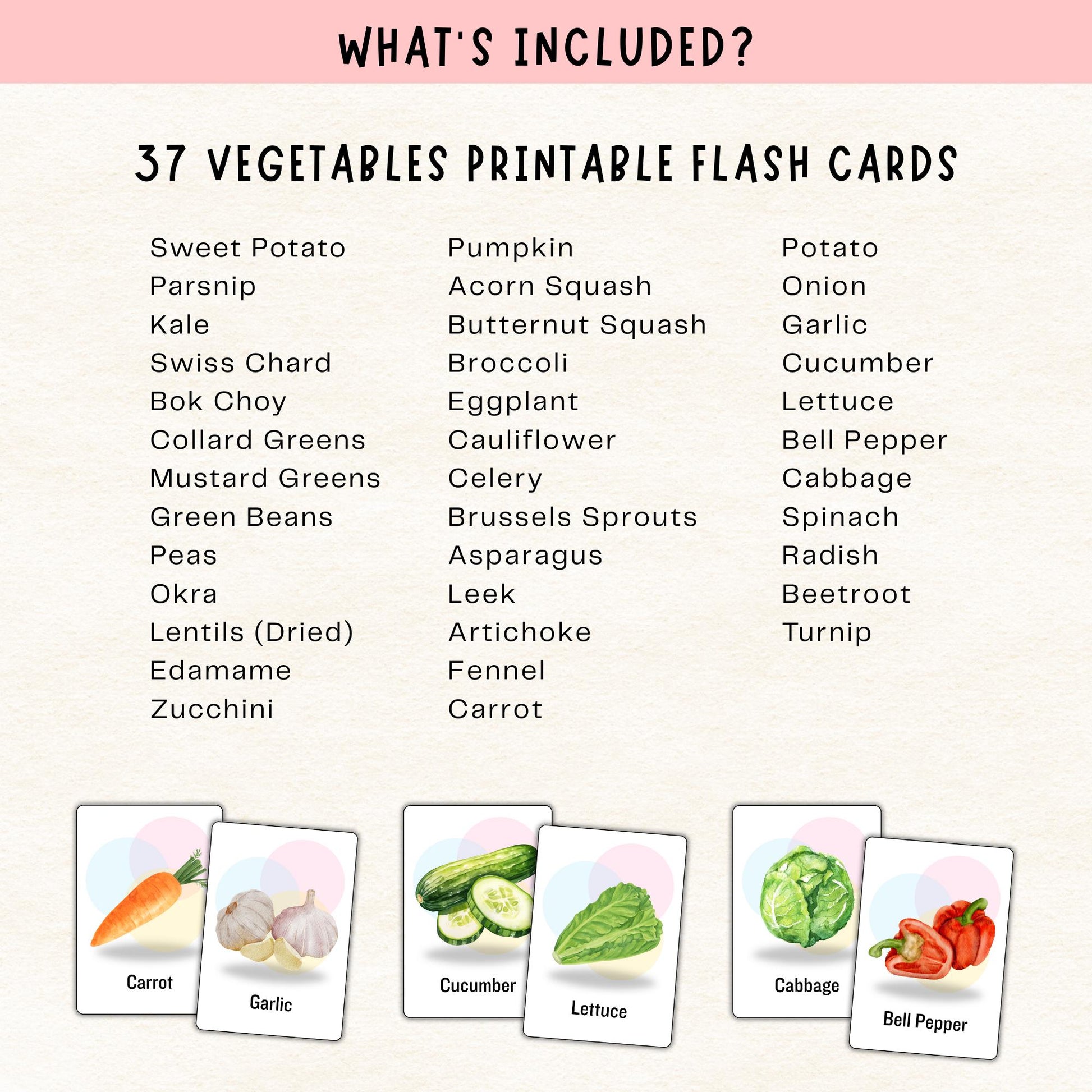 37 Vegetable Flashcards Printable, Veg Vocabulary Cards for ESL & Kids, Montessori Educational Learning Materials for Classroom Teachers PDF