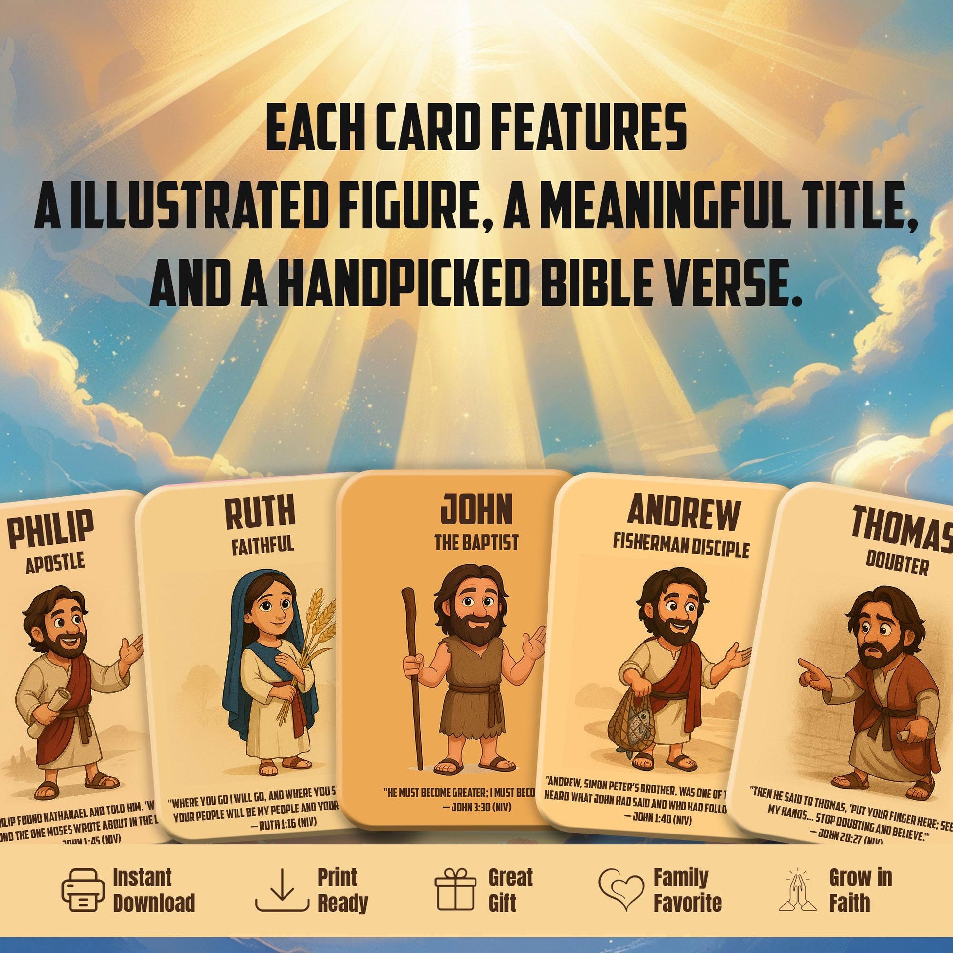 Bible Character Cards for Kids – Printable Christian Flashcards with Verses | Faith Learning Tool for Families & Sunday School