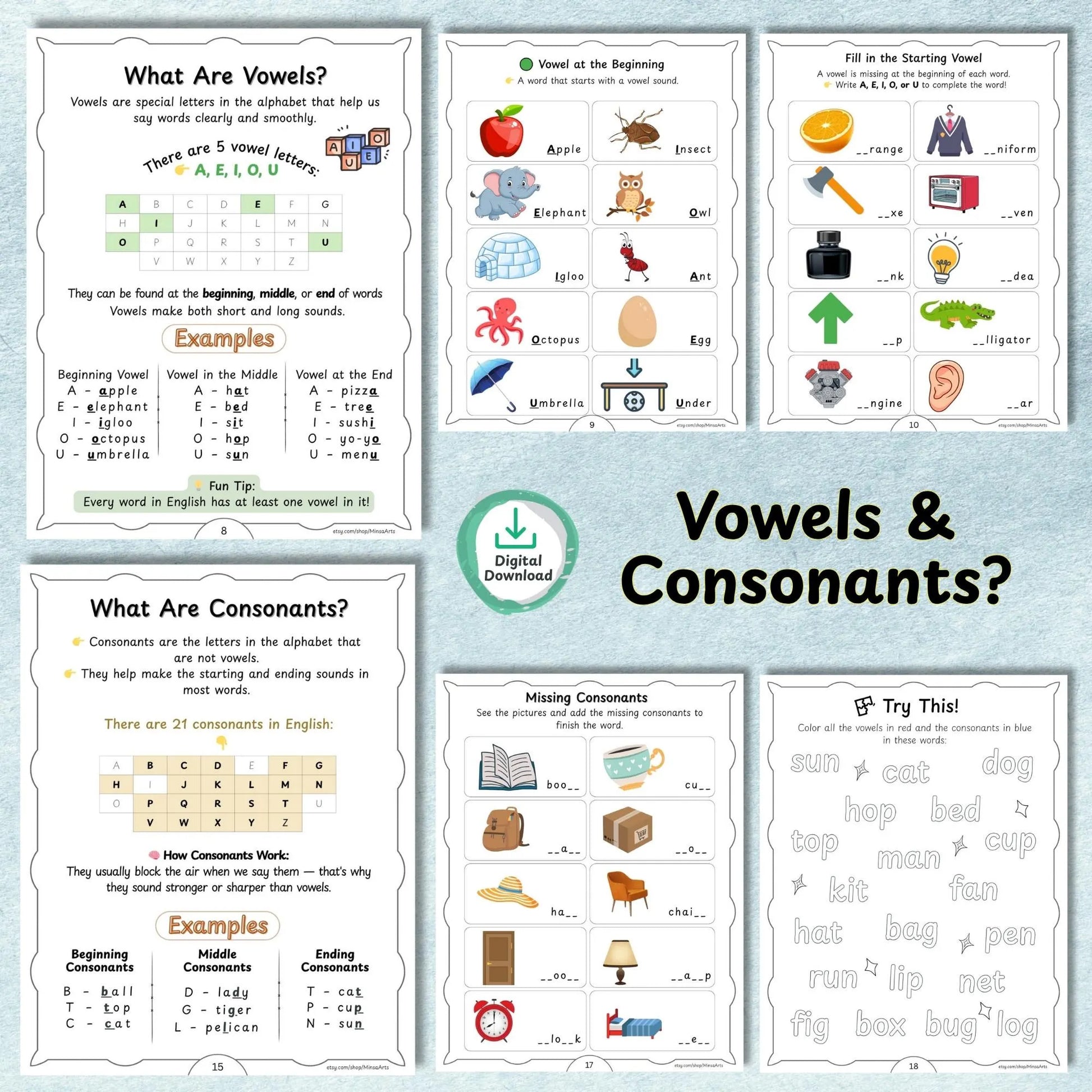 Printable Spelling Workbook for Kids | Vowels Consonants, Sight Words, Rhyming Words, Homophones | Spelling Guide | Homeschool & Classroom