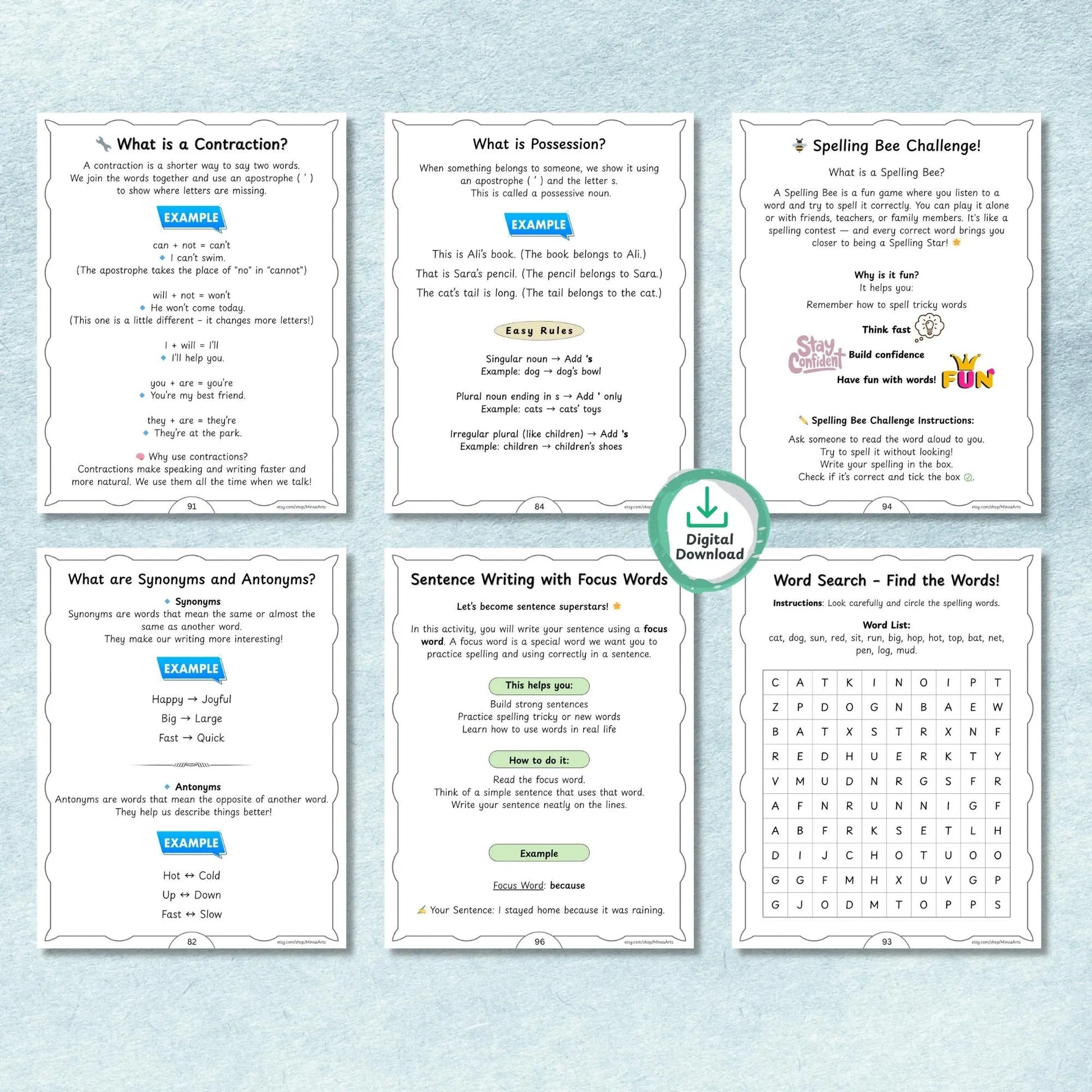 Printable Spelling Workbook for Kids | Vowels Consonants, Sight Words, Rhyming Words, Homophones | Spelling Guide | Homeschool & Classroom