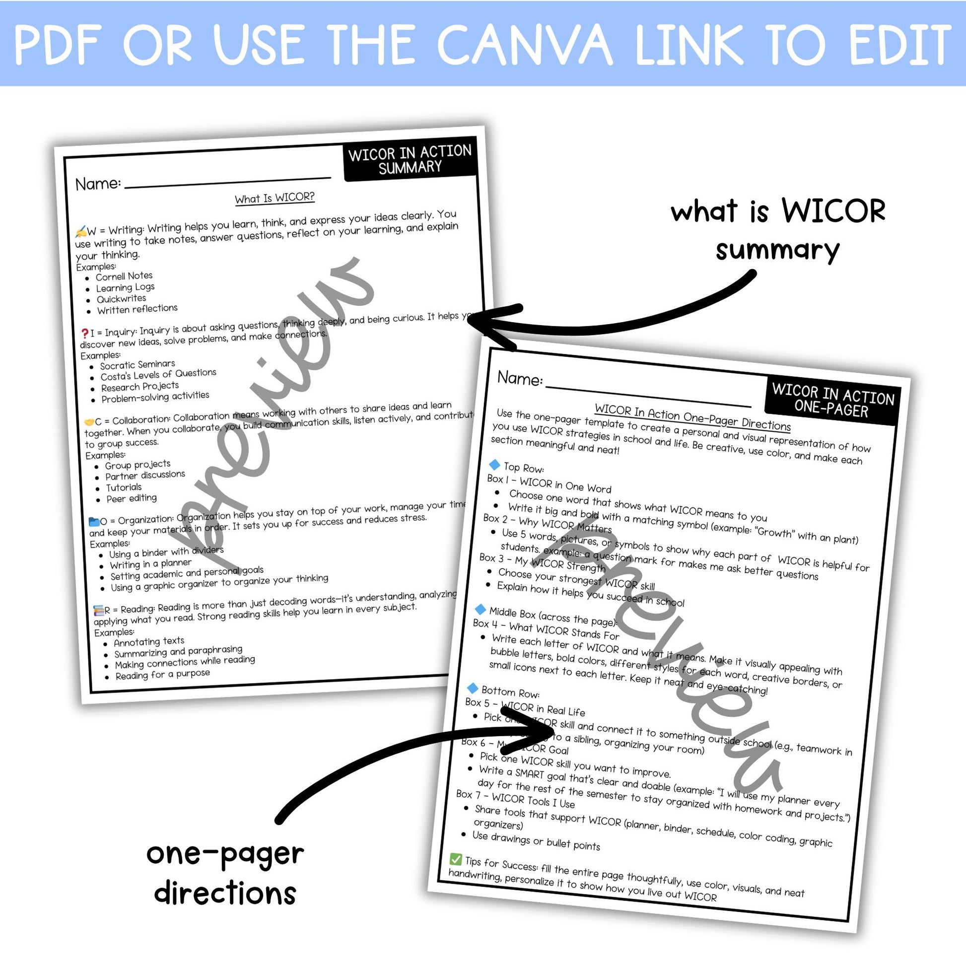 WICOR One Pager for AVID | Writing Inquiry Collaboration Activity | Editable AVID Classroom Resource