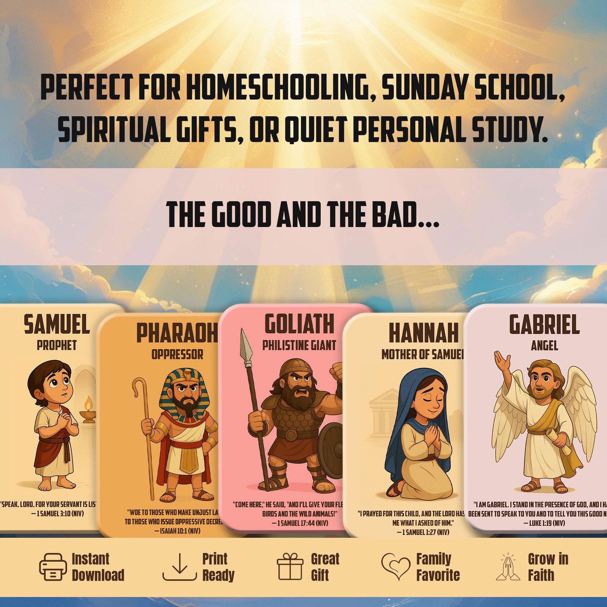 Bible Character Cards for Kids – Printable Christian Flashcards with Verses | Faith Learning Tool for Families & Sunday School