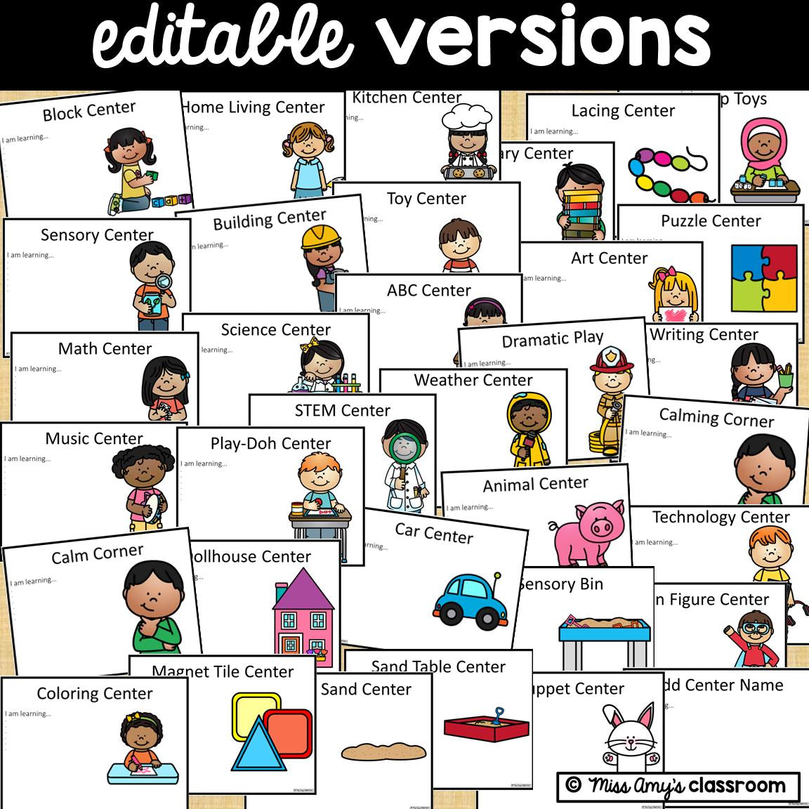 Editable Center Signs With Learning Objectives and Images | Preschool, Pre-K, Kindergarten, Daycare & Early Education Center Signs