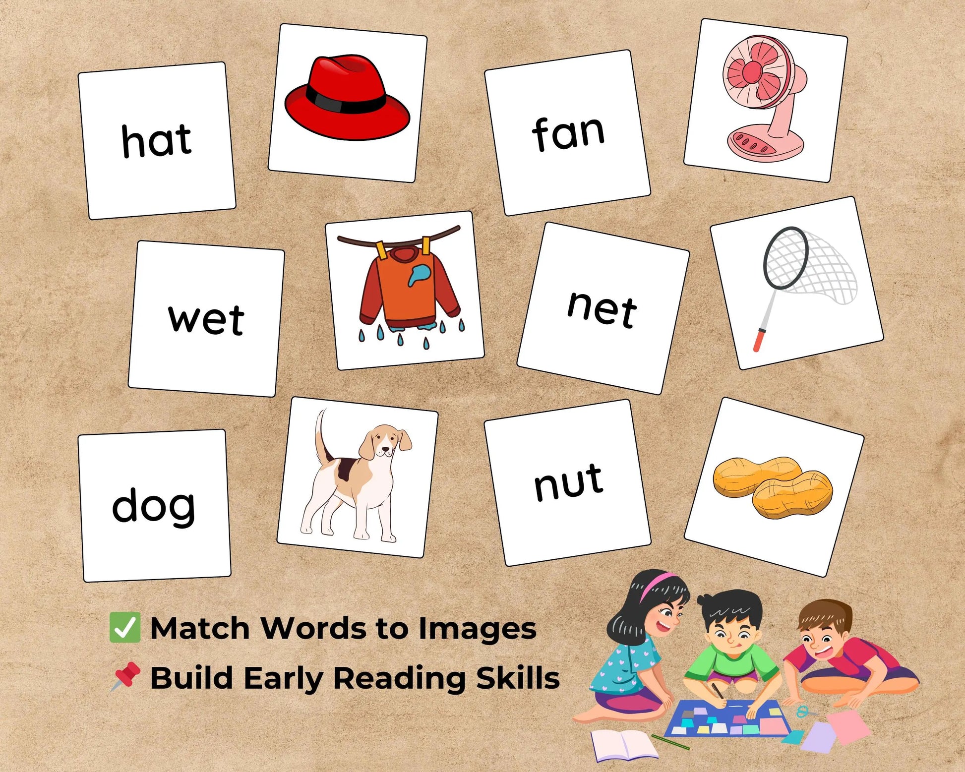 CVC Words Matching Game Cards – 50 Words + 50 Pictures – Kids Phonics Cut & Play – Kindergarten Literacy Center Printable Activity