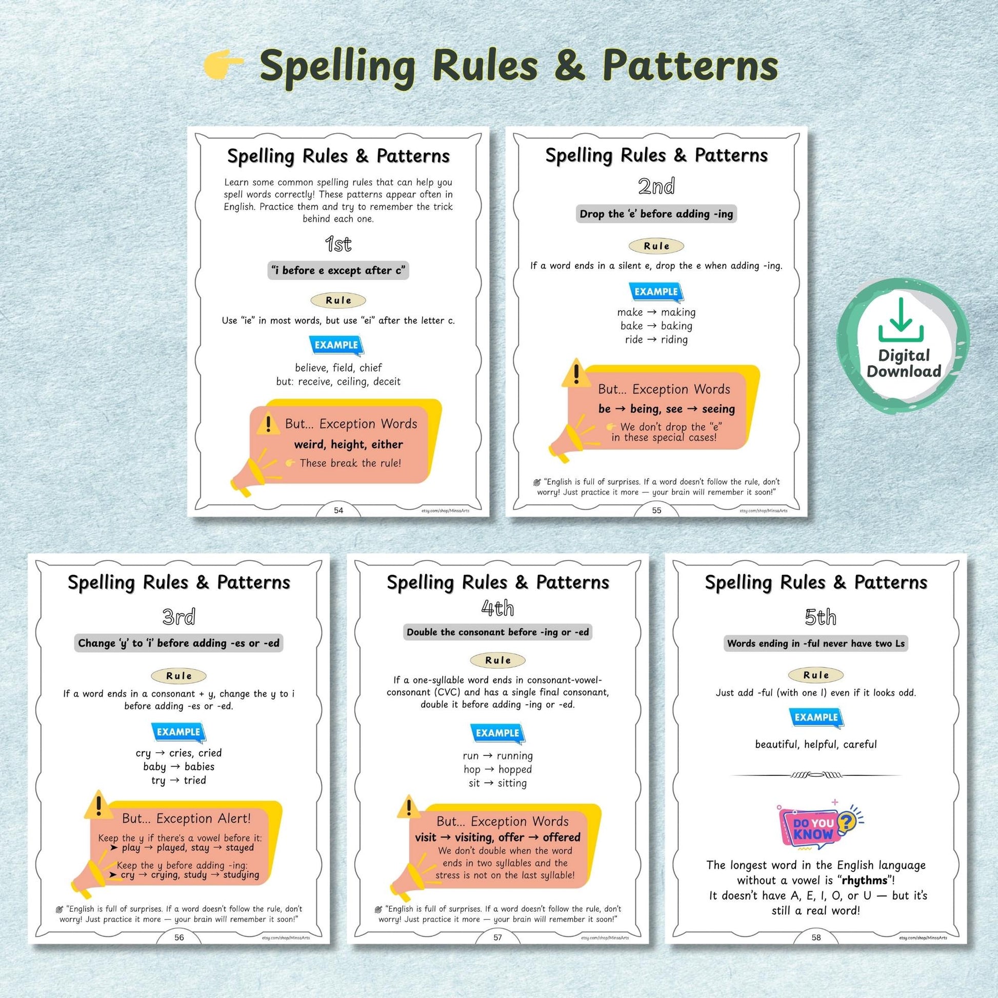Printable Spelling Workbook for Kids | Vowels Consonants, Sight Words, Rhyming Words, Homophones | Spelling Guide | Homeschool & Classroom