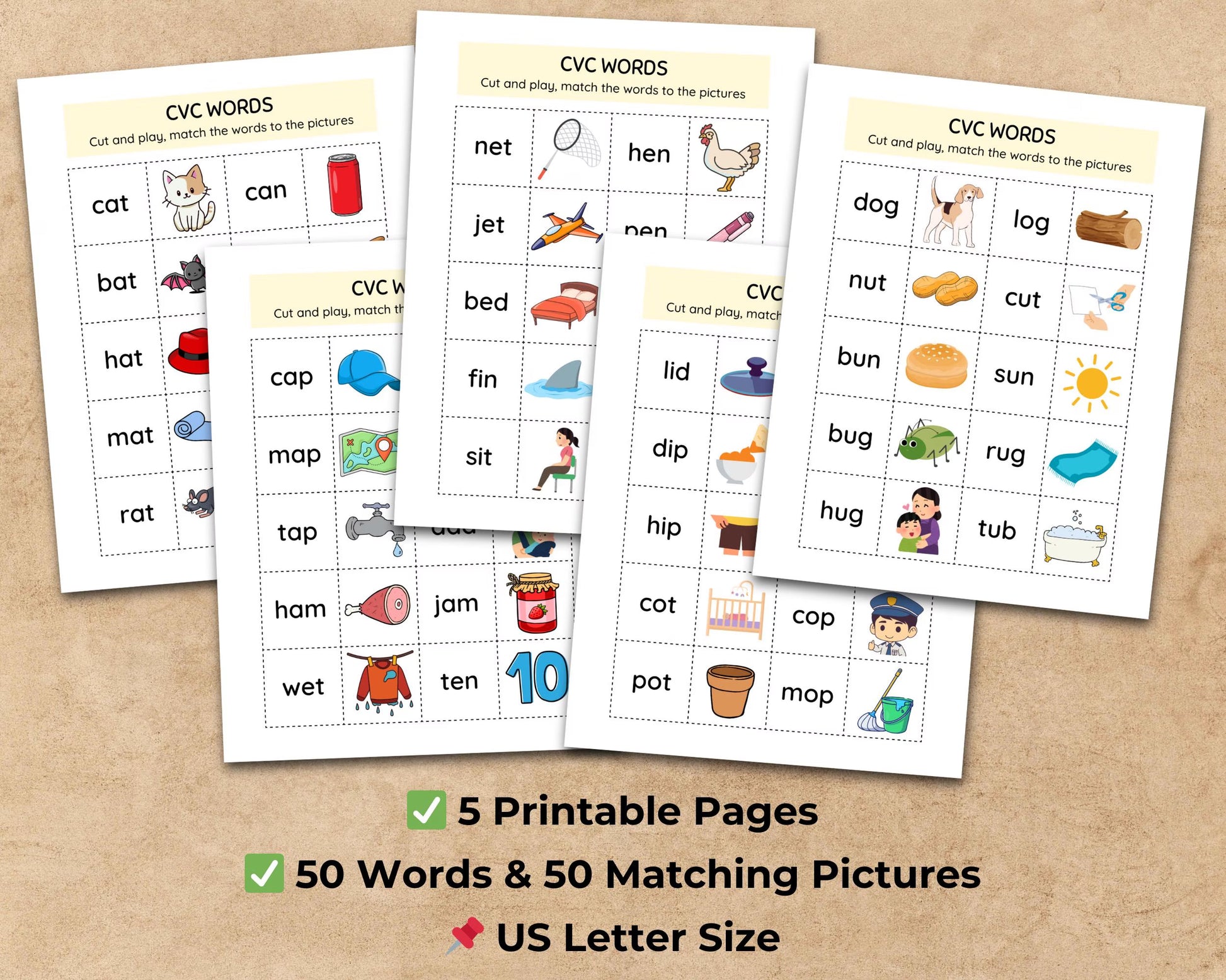 CVC Words Matching Game Cards – 50 Words + 50 Pictures – Kids Phonics Cut & Play – Kindergarten Literacy Center Printable Activity