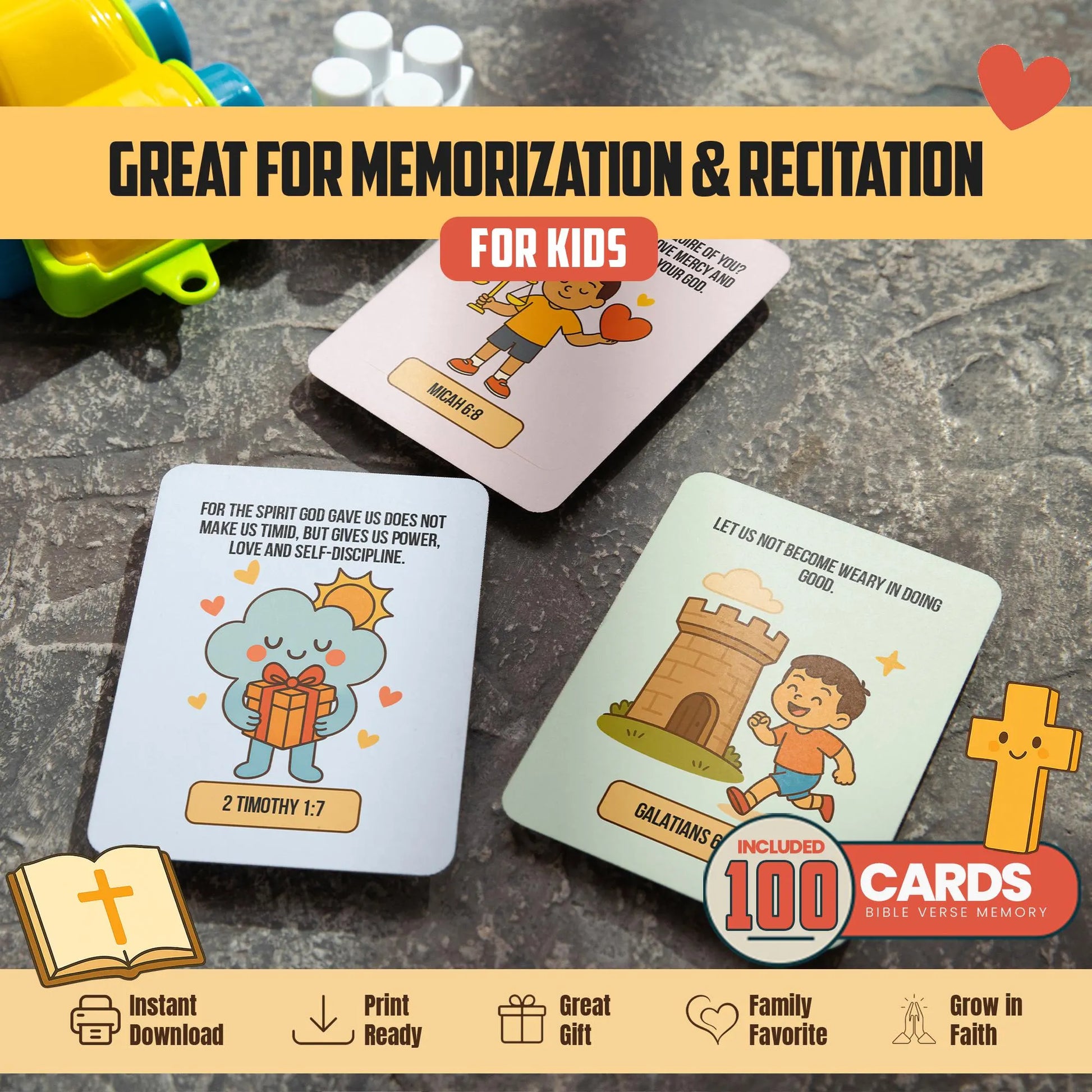 Bible Verse Memory Cards for Kids – 100 Printable Scripture Cards with Illustrations | Christian Learning Activity | Sunday School