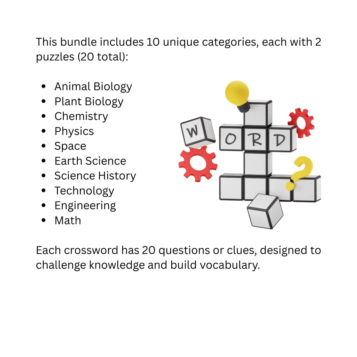 Printable STEM Crossword Puzzle Bundle | 20 Science, Technology, Math Puzzles with Answer Keys | Educational Classroom & Homeschool Activity