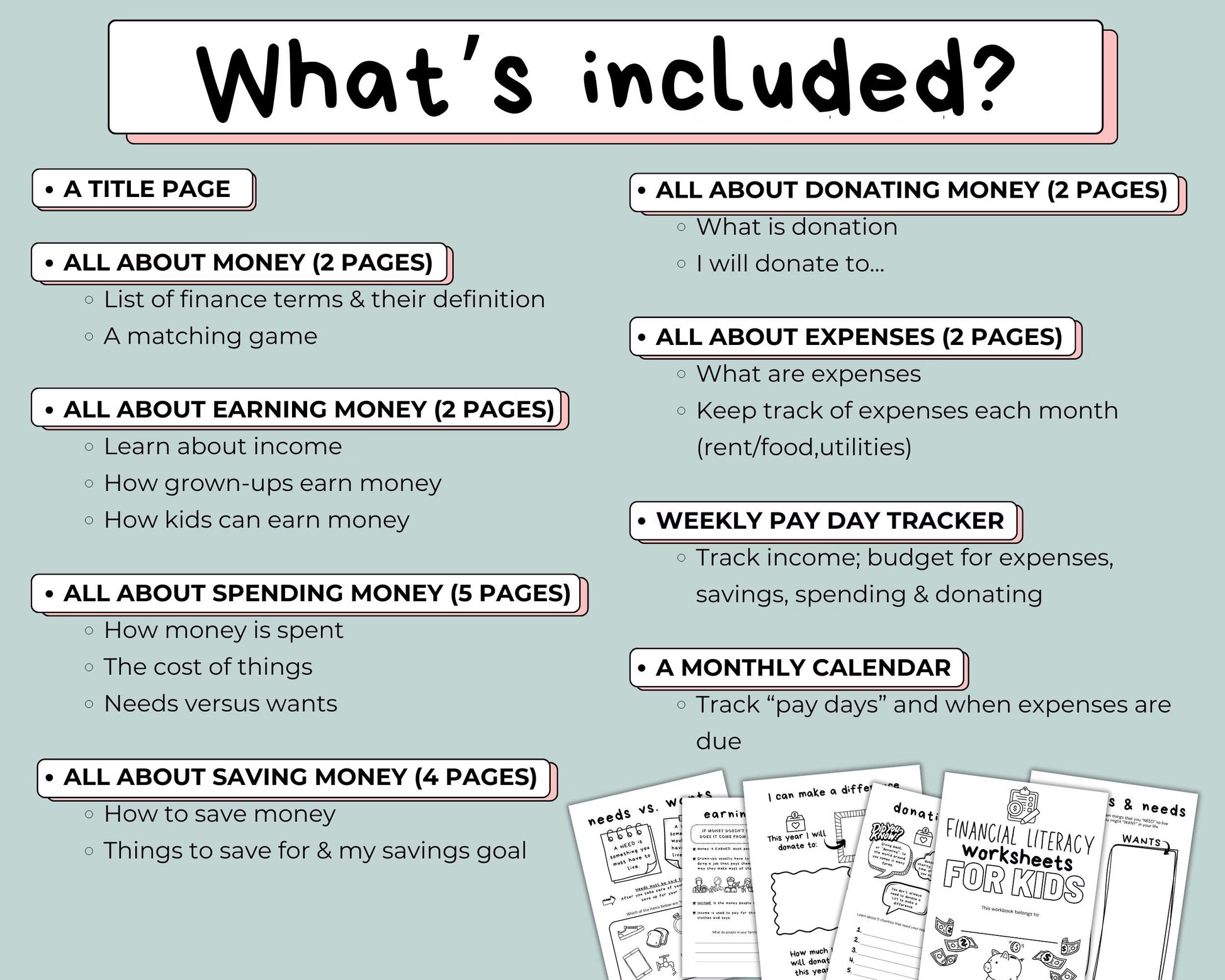 Financial Literacy Workbook for Kids, Teach Learn About Money Printable Activities for Kids, Classroom Money Activity, Allowance Tracker Kid