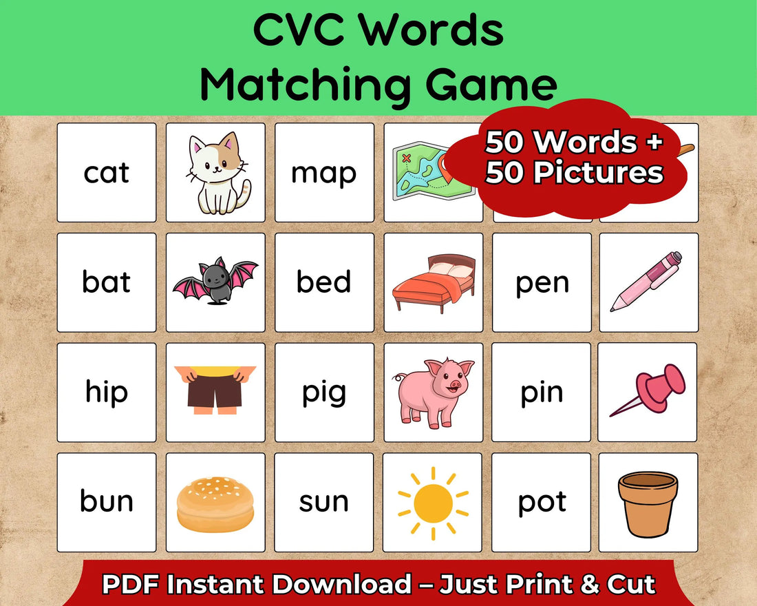CVC Words Matching Game Cards – 50 Words + 50 Pictures – Kids Phonics Cut & Play – Kindergarten Literacy Center Printable Activity