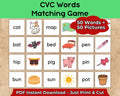 CVC Words Matching Game Cards – 50 Words + 50 Pictures – Kids Phonics Cut & Play – Kindergarten Literacy Center Printable Activity