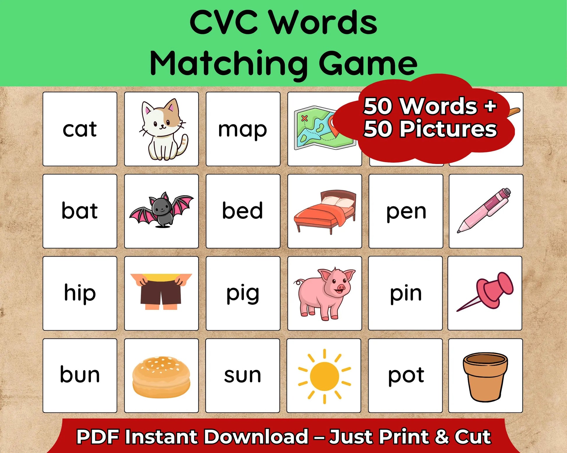CVC Words Matching Game Cards – 50 Words + 50 Pictures – Kids Phonics Cut & Play – Kindergarten Literacy Center Printable Activity
