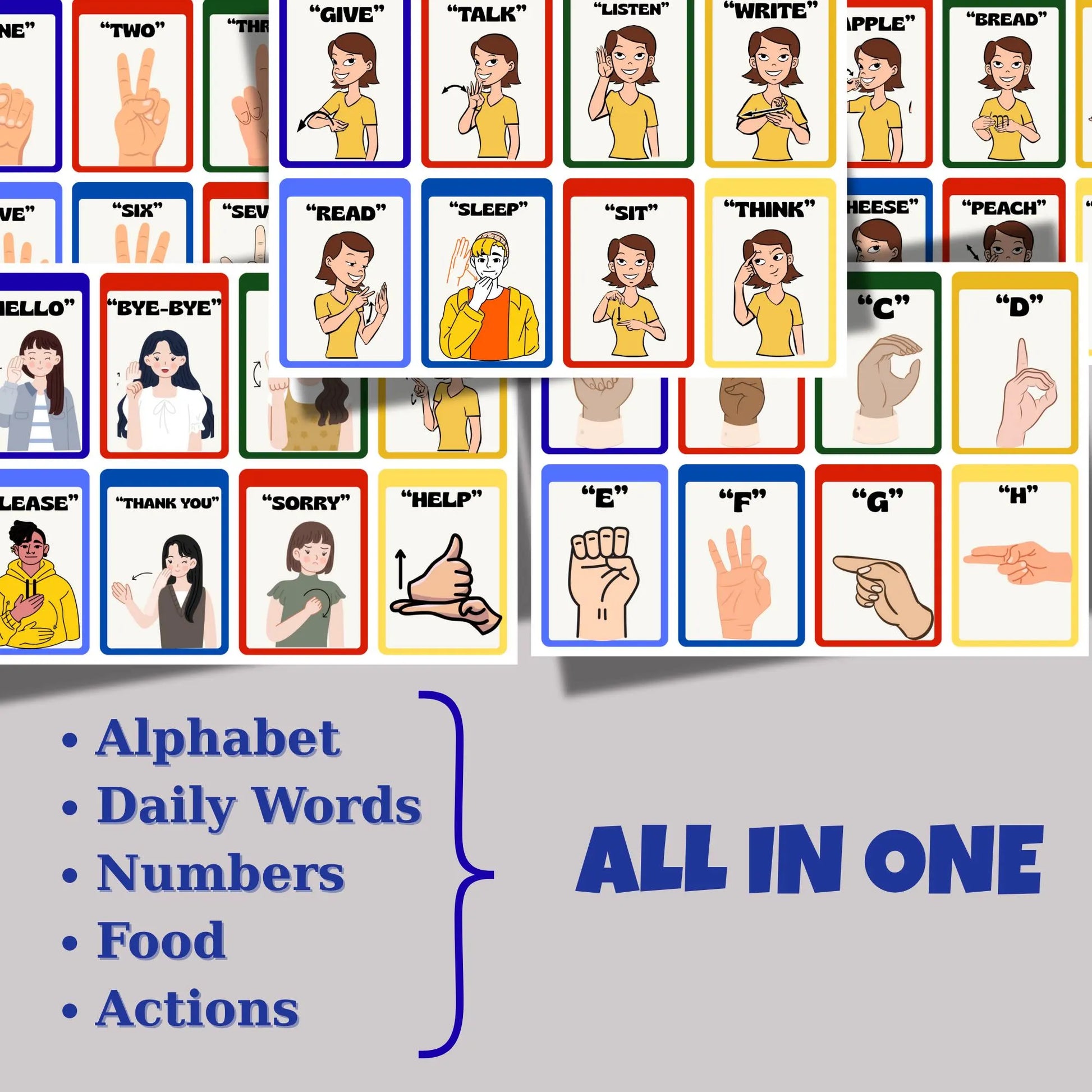 Sign Language Flashcards, ASL Alphabet, Daily Words and Numbers, Printable Beginner PDF Set, Learn American Sign Language for Kids