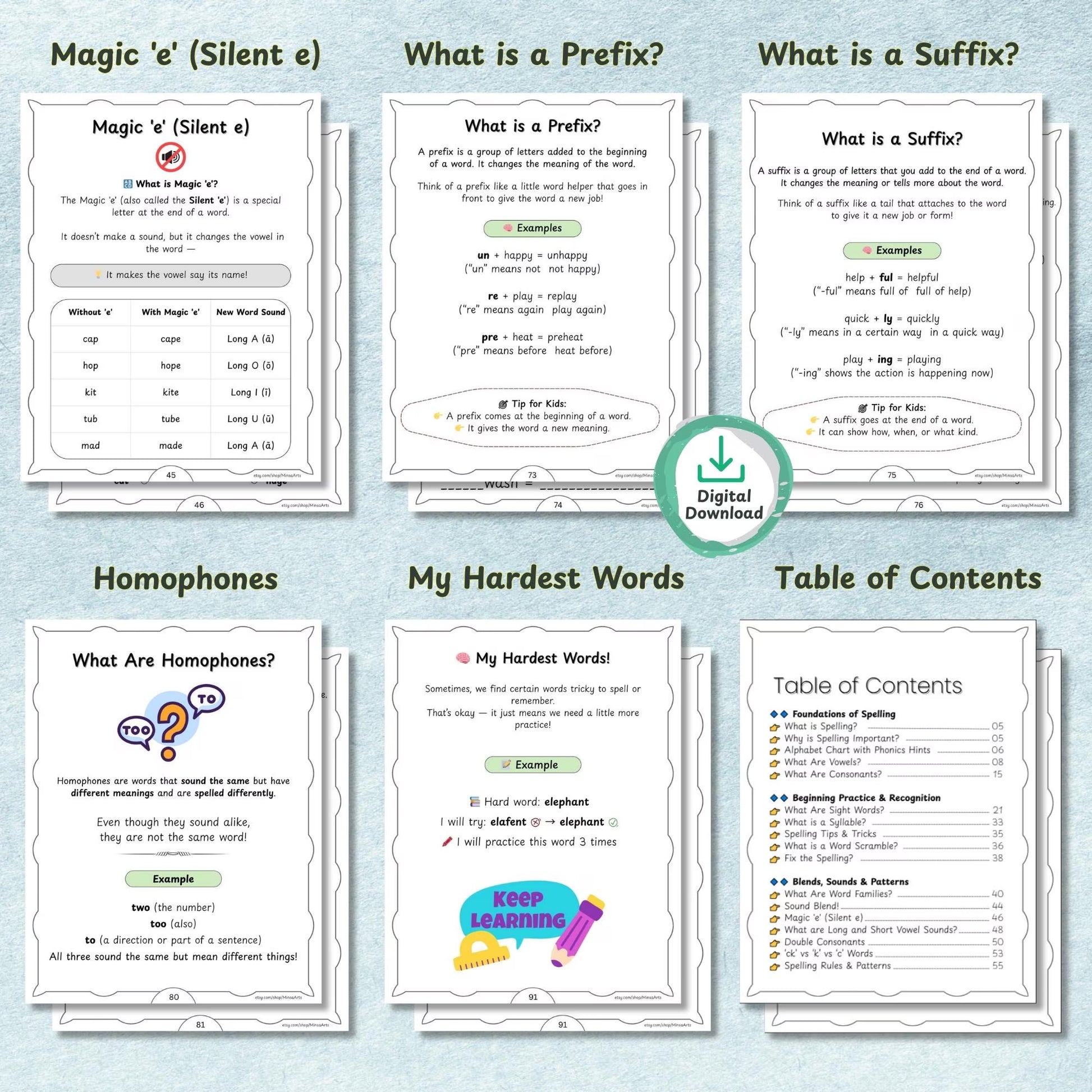 Printable Spelling Workbook for Kids | Vowels Consonants, Sight Words, Rhyming Words, Homophones | Spelling Guide | Homeschool & Classroom