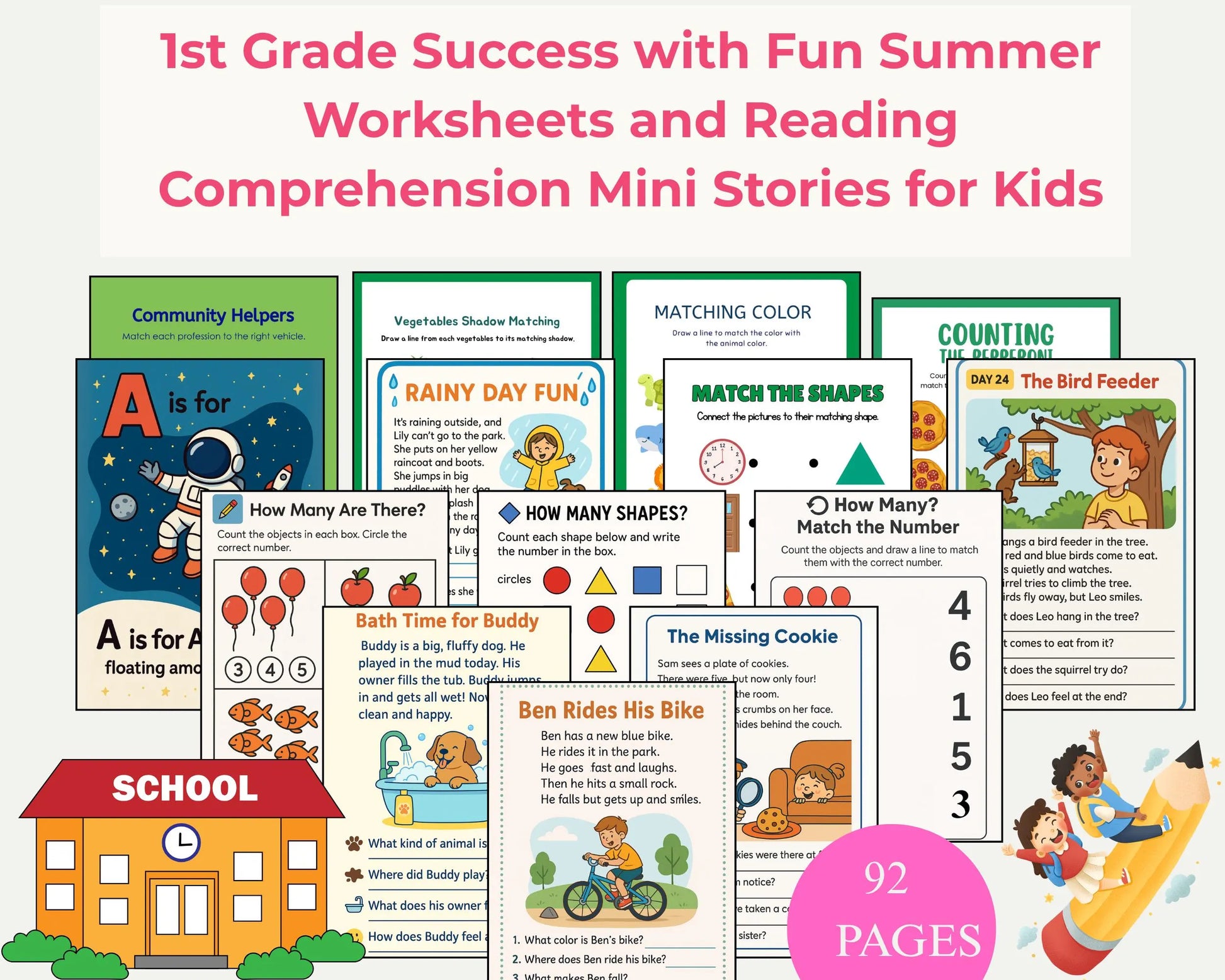 First Grade Printable Bundle,Printable First Grade Activity,Reading Comprehension Worksheets, Educational Classroom Worksheet,Back to school