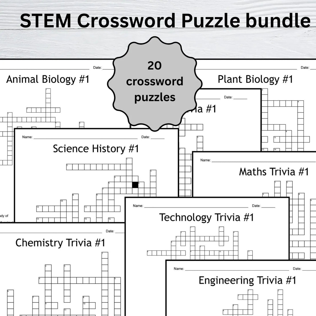 Printable STEM Crossword Puzzle Bundle | 20 Science, Technology, Math Puzzles with Answer Keys | Educational Classroom & Homeschool Activity