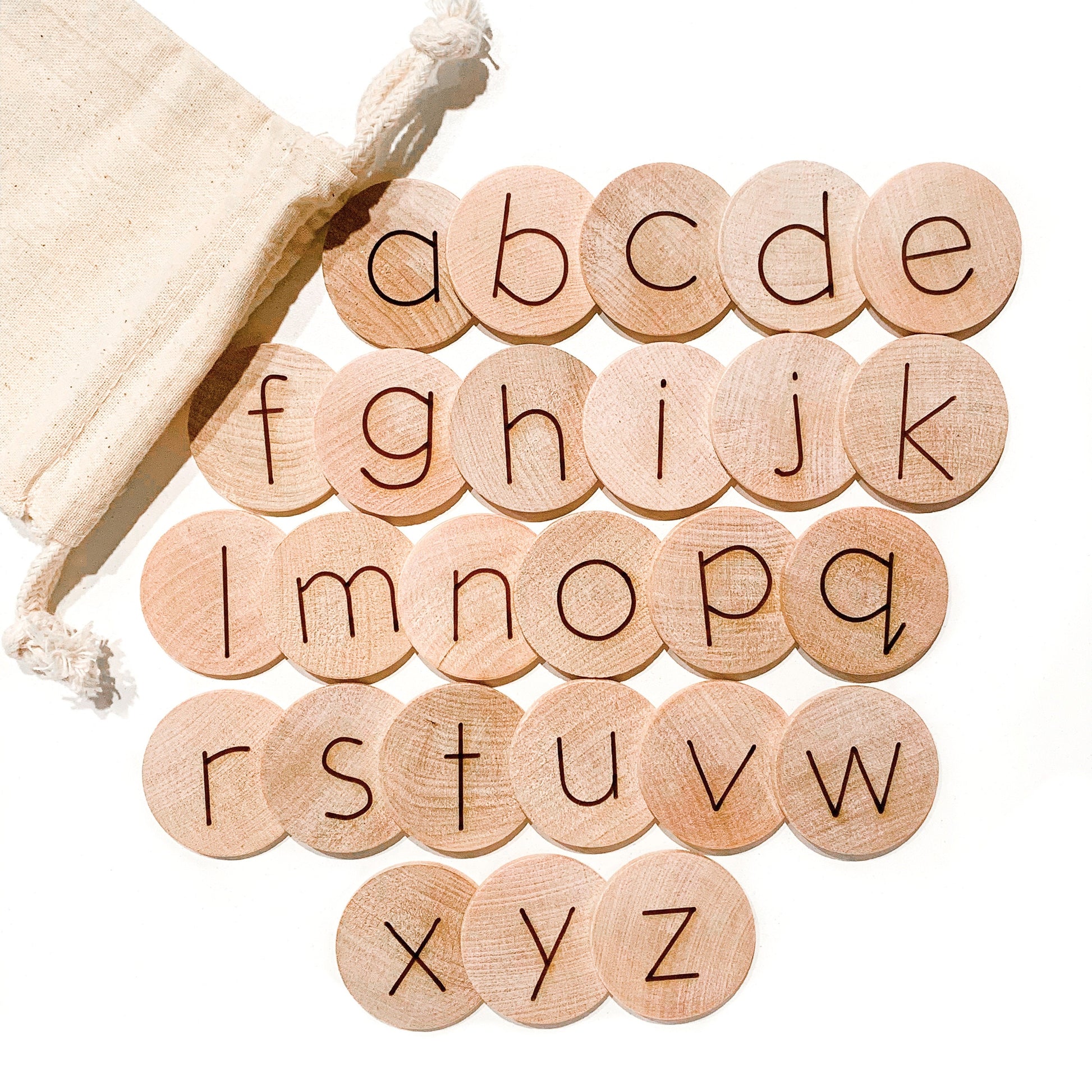 Moveable Alphabet / Wood Alphabet Discs / Lowercase Alphabet Coins / Alphabet Flashcards / Homeschool Learning Materials / Kindergarten Prek