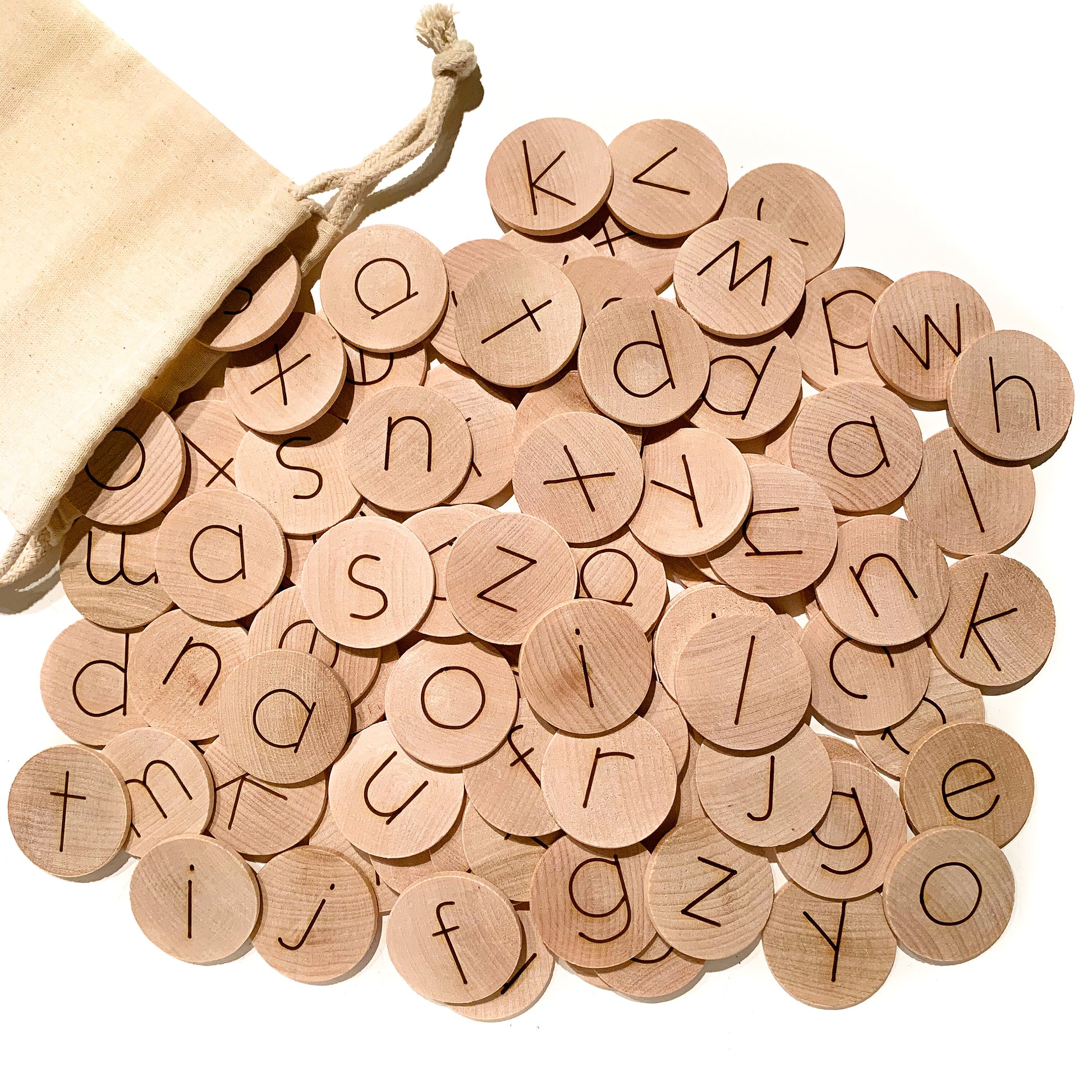 Moveable Alphabet / Wood Alphabet Discs / Lowercase Alphabet Coins / Alphabet Flashcards / Homeschool Learning Materials / Kindergarten Prek