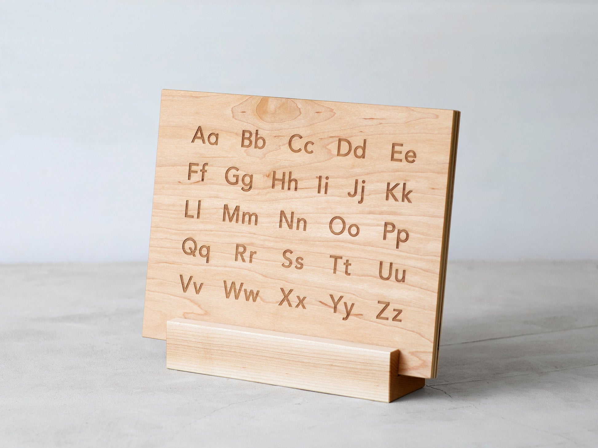 Wooden Alphabet Board with Engraved Uppercase & Lowercase A-Z • Modern Sans Serif Font • Large Montessori Tabletop Reference Board and Stand