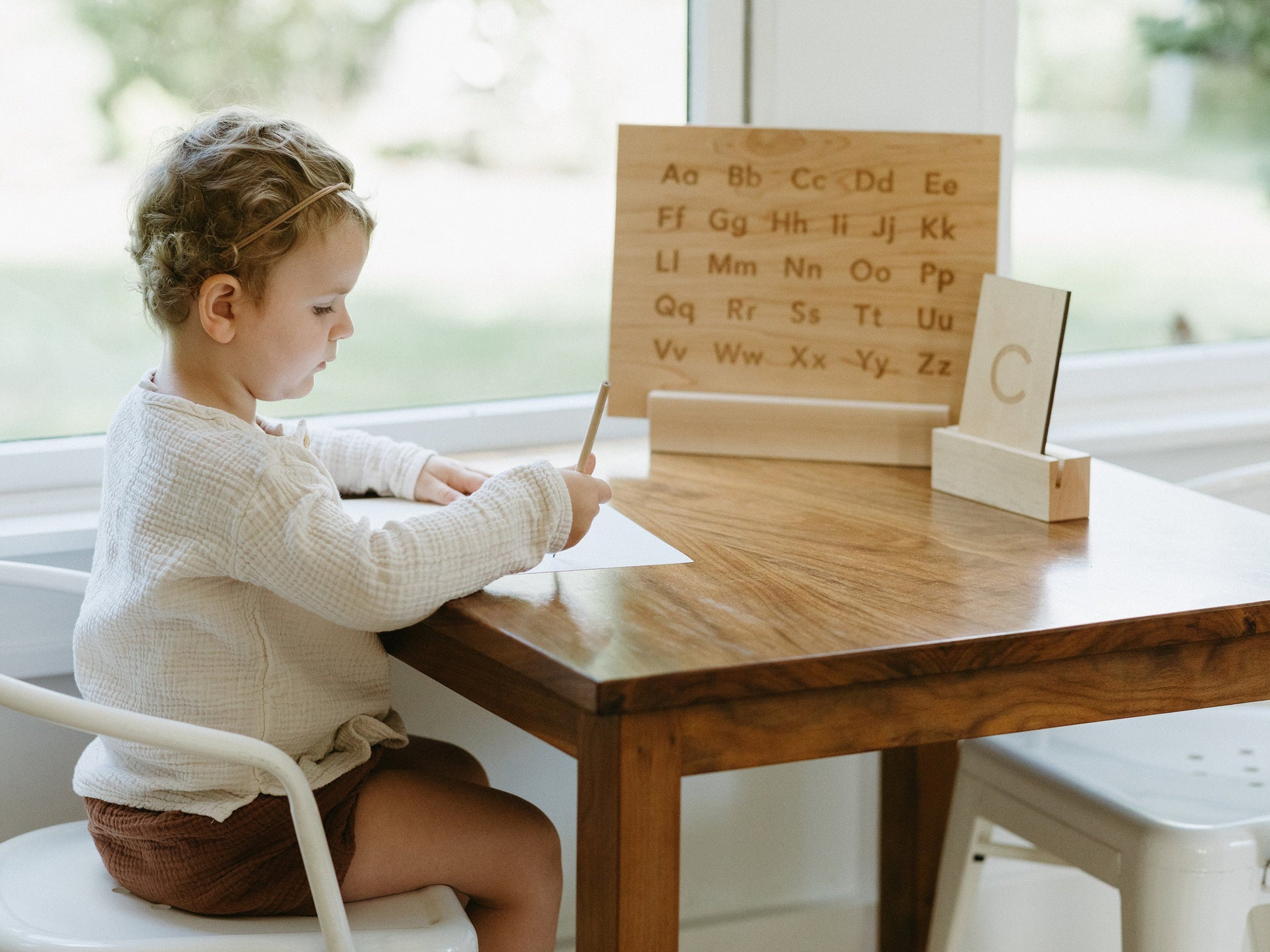 Wooden Alphabet Board with Engraved Uppercase & Lowercase A-Z • Modern Sans Serif Font • Large Montessori Tabletop Reference Board and Stand