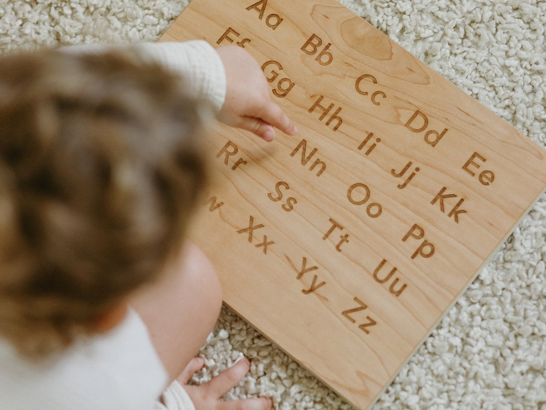 Wooden Alphabet Board with Engraved Uppercase & Lowercase A-Z • Modern Sans Serif Font • Large Montessori Tabletop Reference Board and Stand