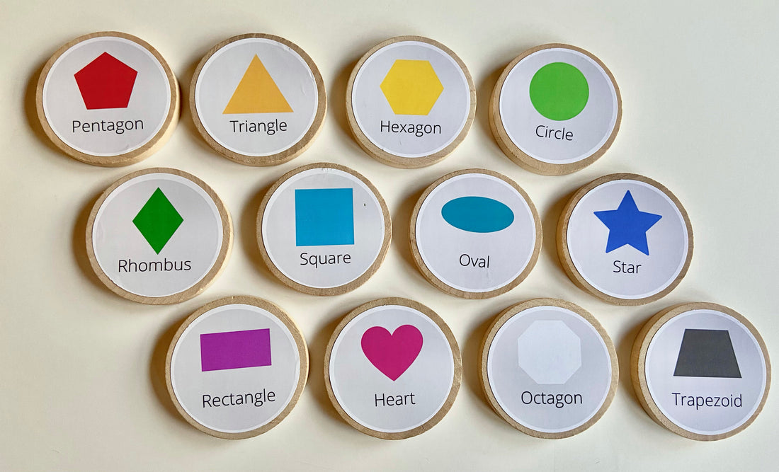 Wooden Shapes Coins + Magnets for Learning Shapes - Preschool + Homeschool Math - Set of 12 Wooden 2" Coins-Montessori, Optional Memory Game