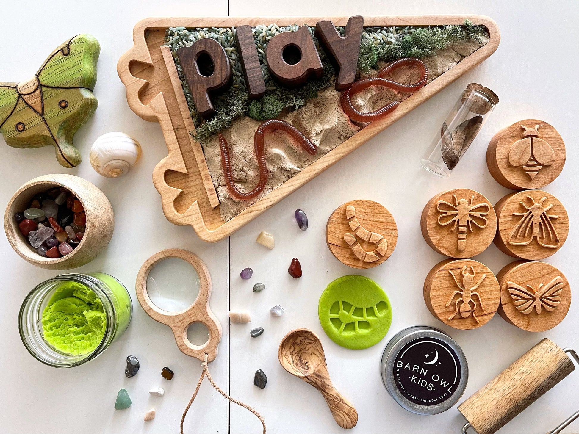 BUGS Cherry wood play dough STAMP SET Chunky playdough kids toddlers nature toy kit stampers homeschool lesson bee spring lifecycle insect
