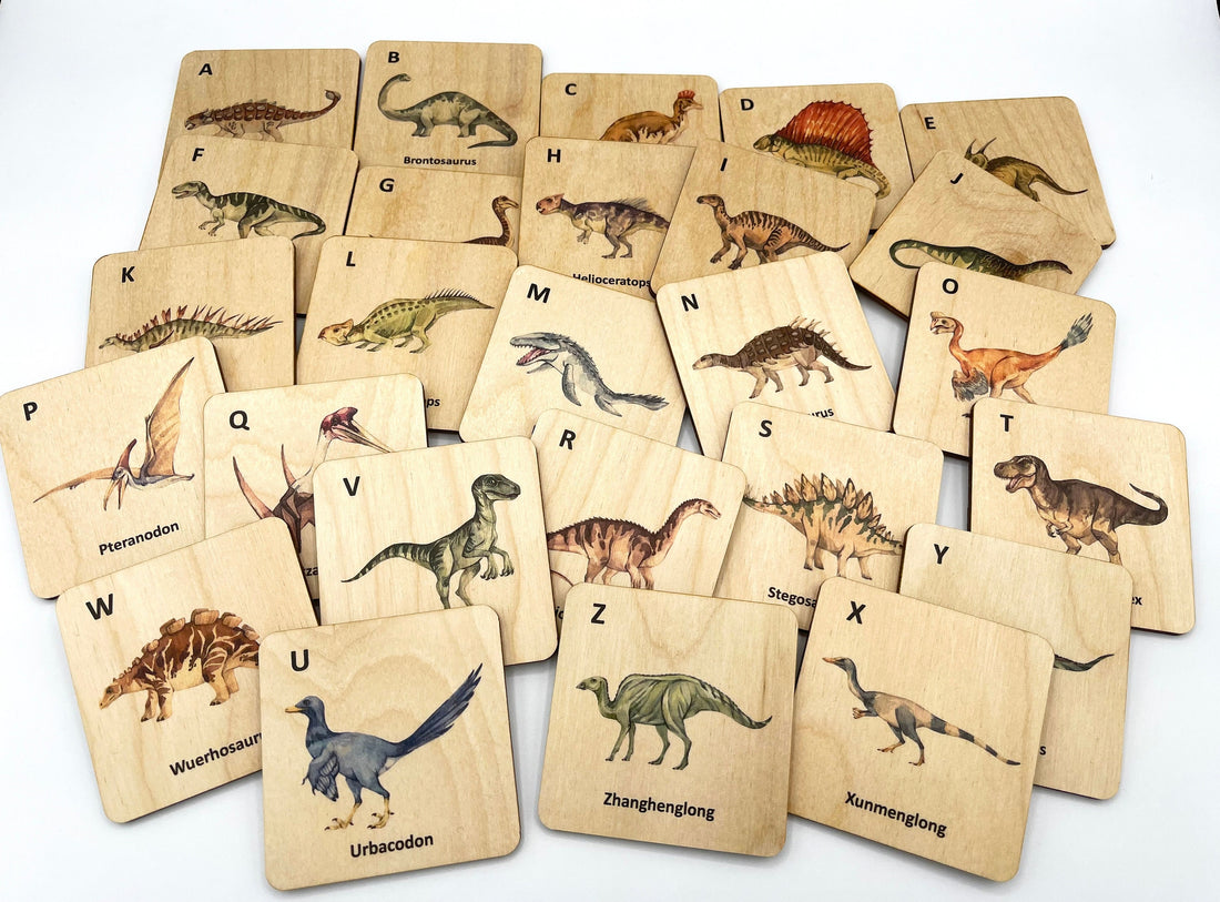 Dinosaur alphabet wooden flashcards/ Montessori Learning Dinosaur activity/ Toddler Kids Dinosaur Lover Toys/ Animals Alphabet Cards