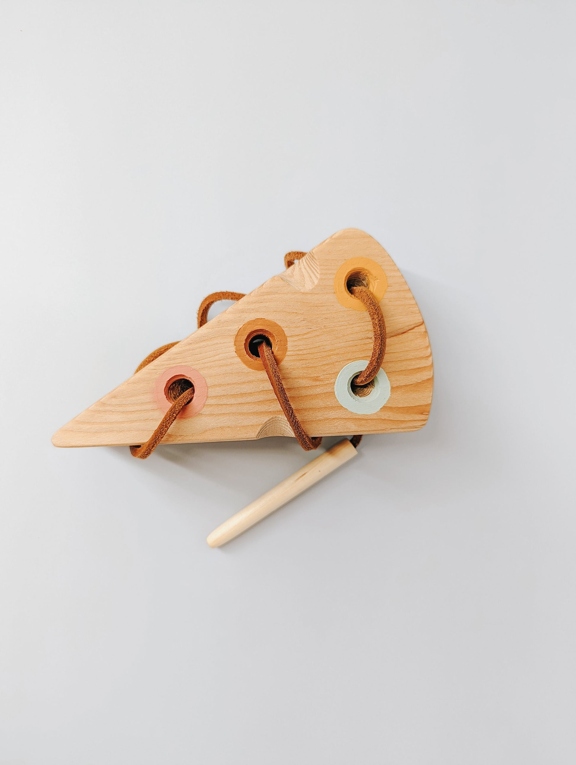 Wooden Lacing Toy Cheese | Montessori | Toddler Motor Skills Development |  Handcrafted | Hand painted | Leather Cord | Waldorf
