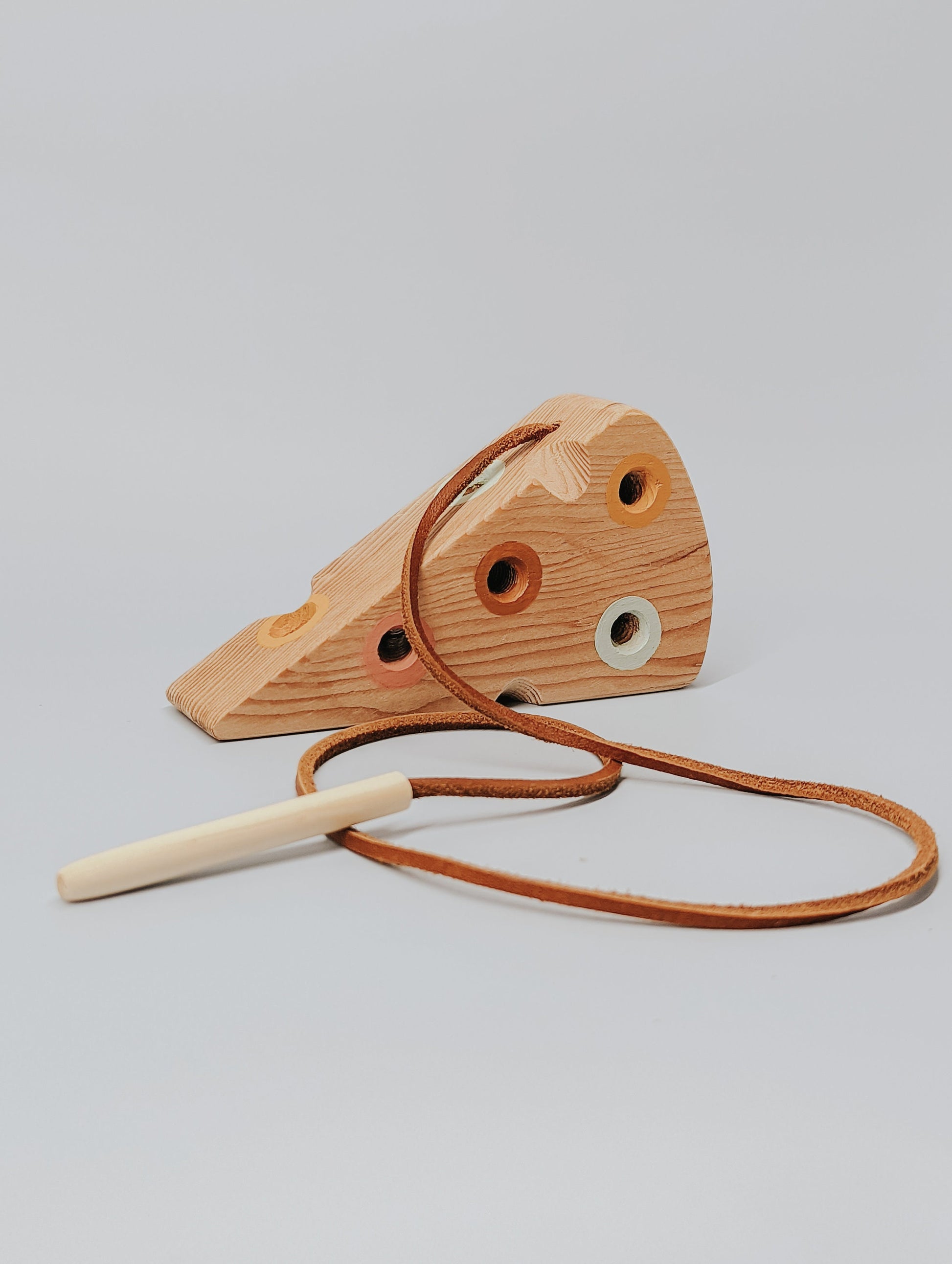Wooden Lacing Toy Cheese | Montessori | Toddler Motor Skills Development |  Handcrafted | Hand painted | Leather Cord | Waldorf