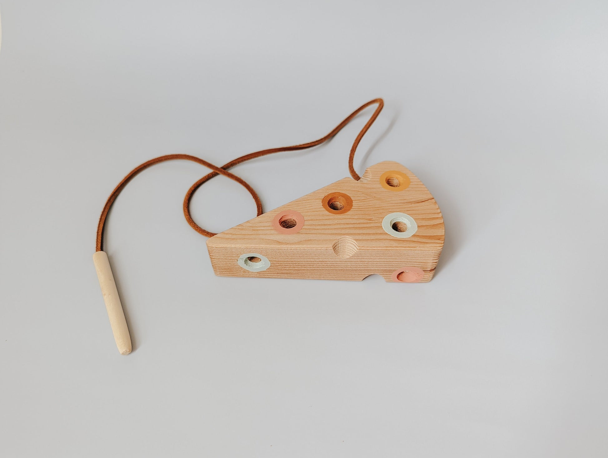 Wooden Lacing Toy Cheese | Montessori | Toddler Motor Skills Development |  Handcrafted | Hand painted | Leather Cord | Waldorf