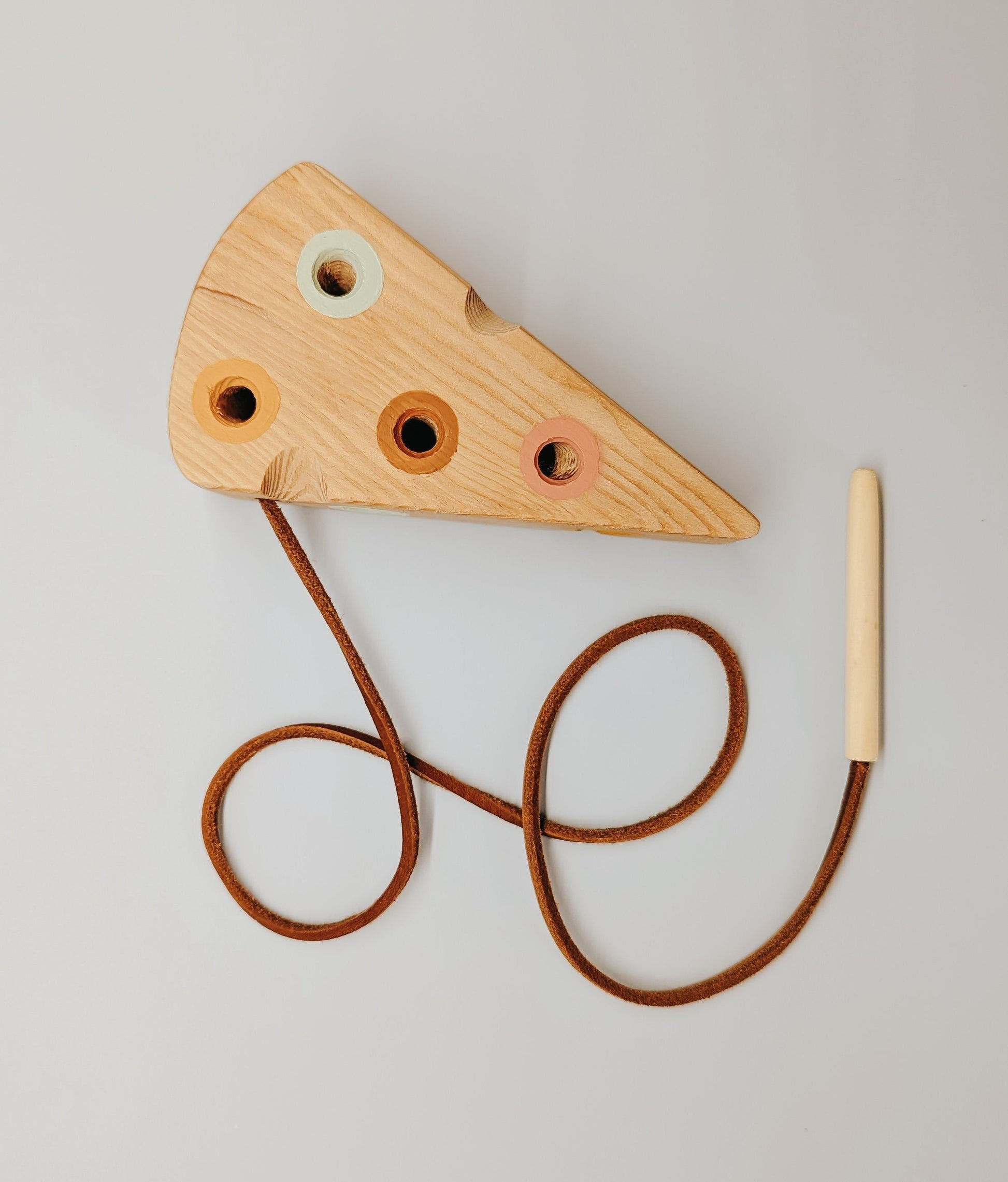 Wooden Lacing Toy Cheese | Montessori | Toddler Motor Skills Development |  Handcrafted | Hand painted | Leather Cord | Waldorf