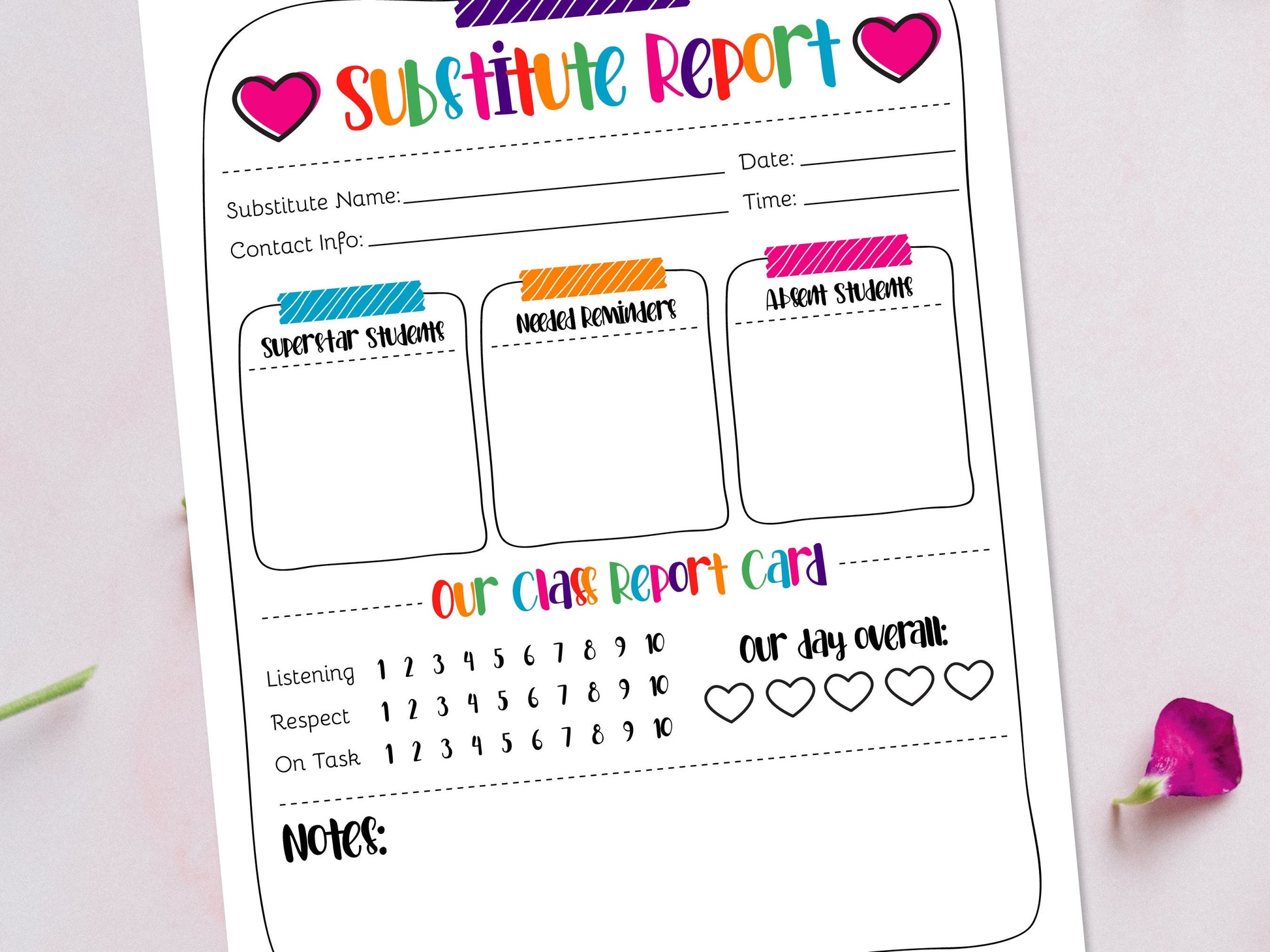 Teacher Resources Sub Report Printable, Substitute Teacher, Student Thank You, Teacher Report, Substitute Report, DIY, Classroom Management