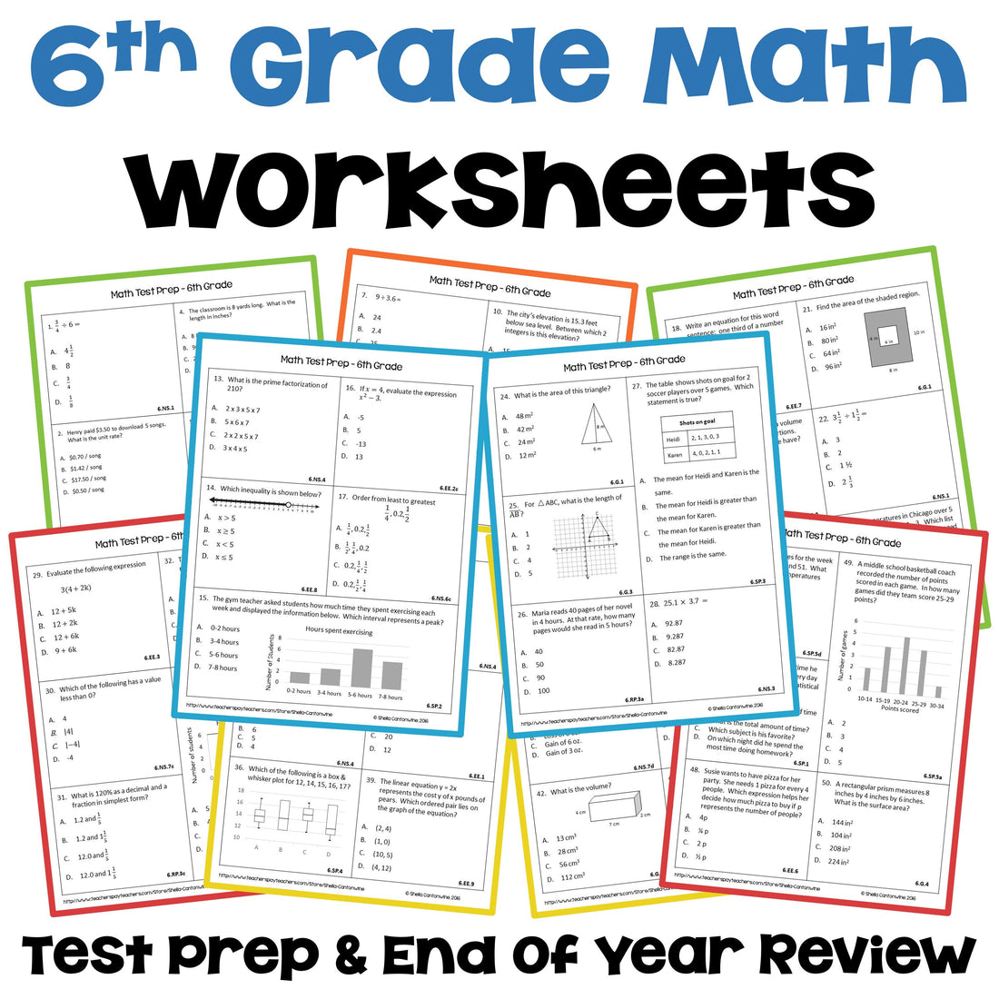 6th Grade Math Review Worksheets | Spiral Review | Test Prep | End of Year | Beginning of Year | No Prep Printable Activities + Answer Keys