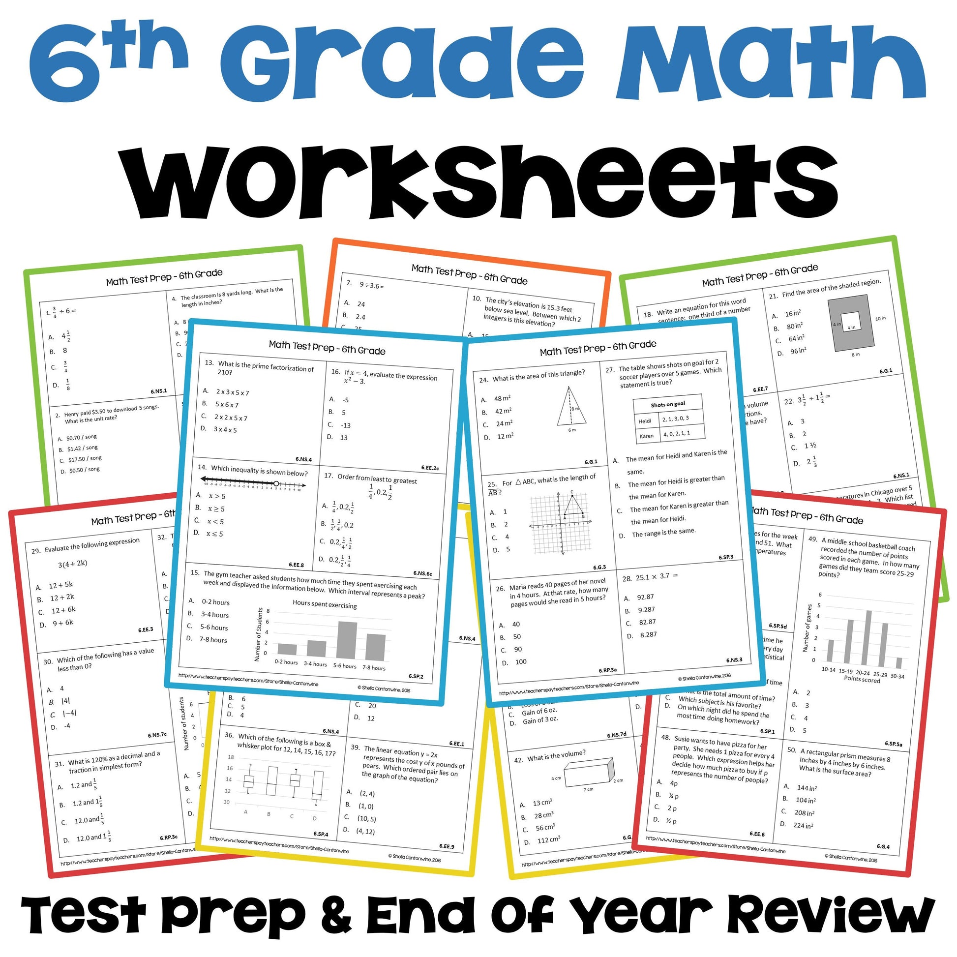 6th Grade Math Review Worksheets | Spiral Review | Test Prep | End of Year | Beginning of Year | No Prep Printable Activities + Answer Keys