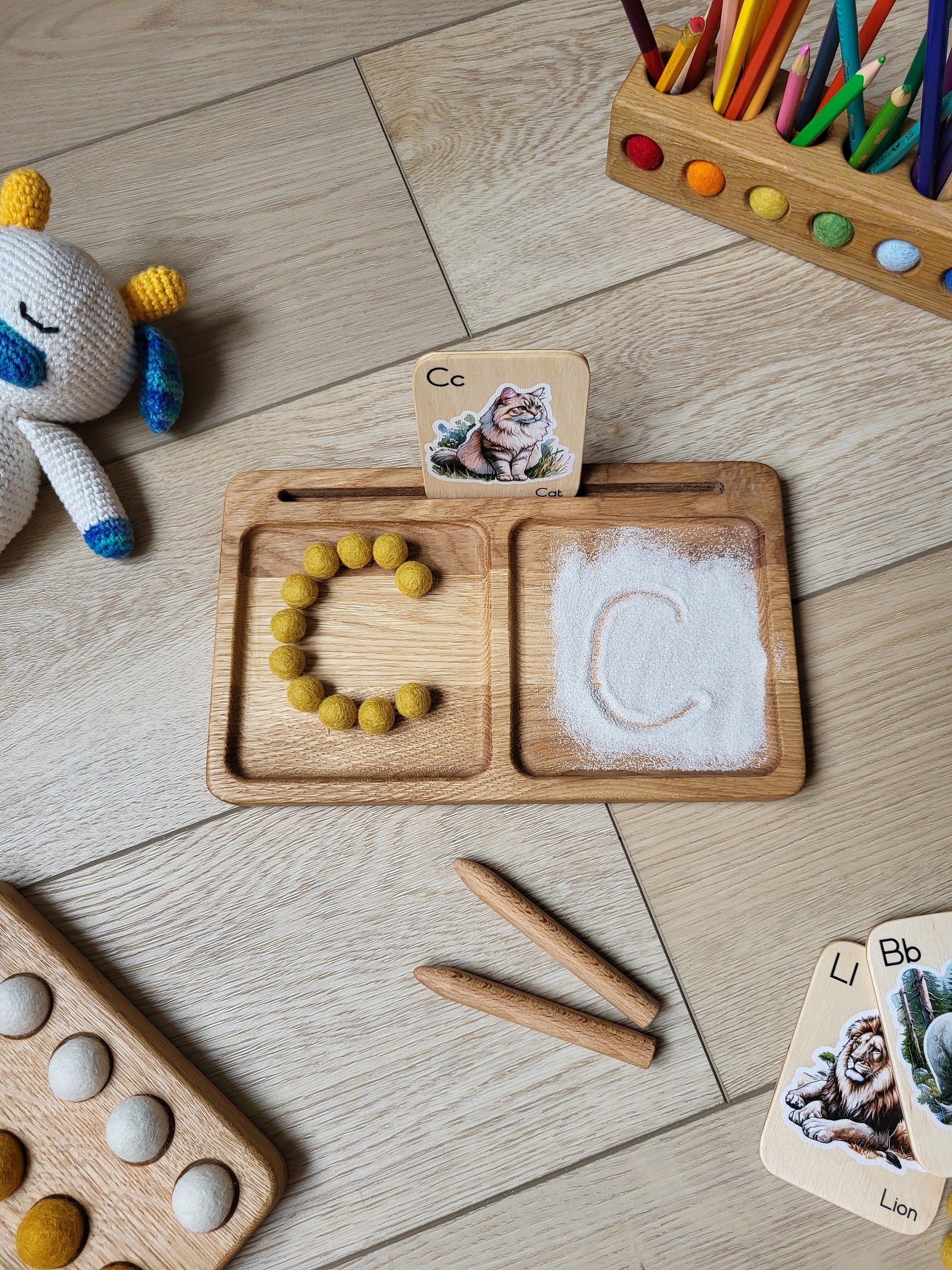 Montessori Wooden Learning Tray Sand Writing Tray 2Part Tray Card Holder Preschool Waldorf Sensory Fine Motor Skills Tracing Board Classroom