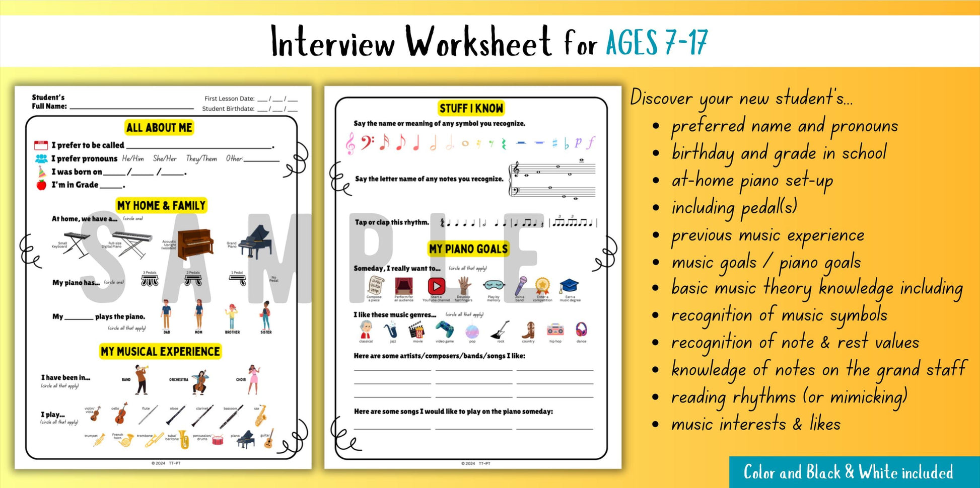 First Piano Lesson Interview Worksheet | New Piano Student Survey | 3 Versions for All Ages