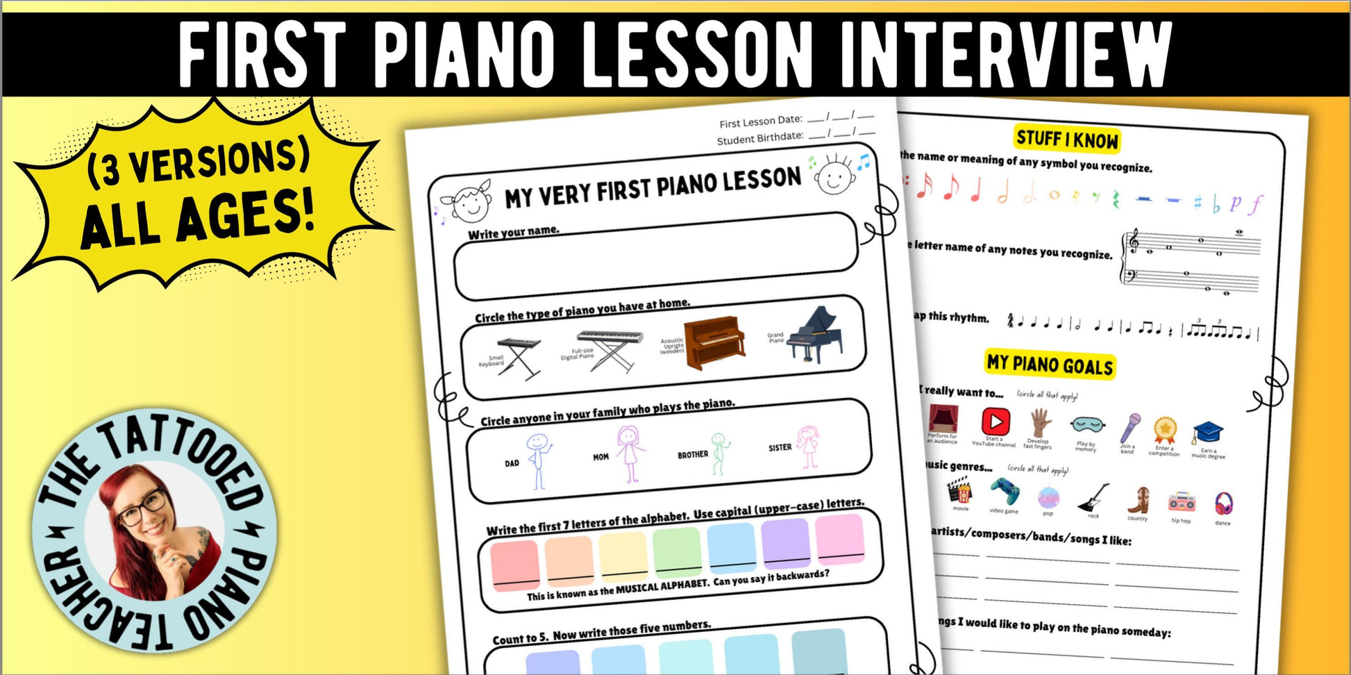 First Piano Lesson Interview Worksheet | New Piano Student Survey | 3 Versions for All Ages