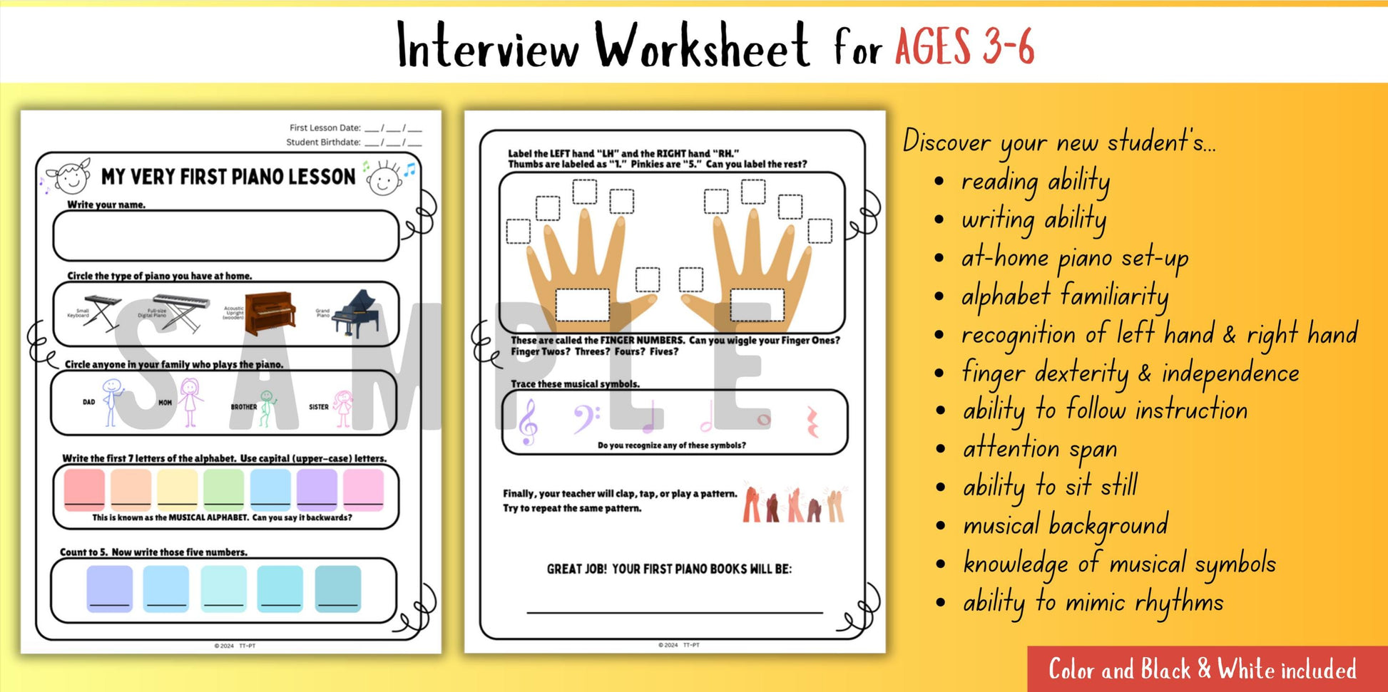 First Piano Lesson Interview Worksheet | New Piano Student Survey | 3 Versions for All Ages