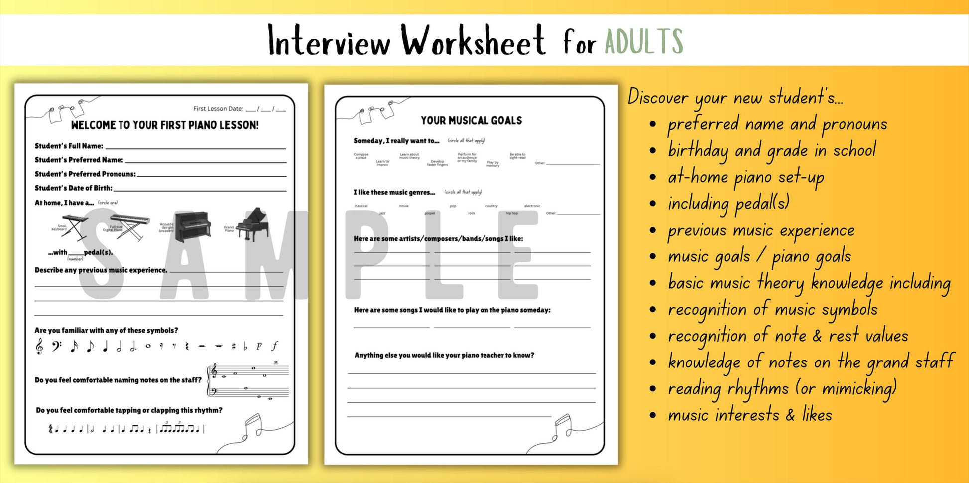 First Piano Lesson Interview Worksheet | New Piano Student Survey | 3 Versions for All Ages